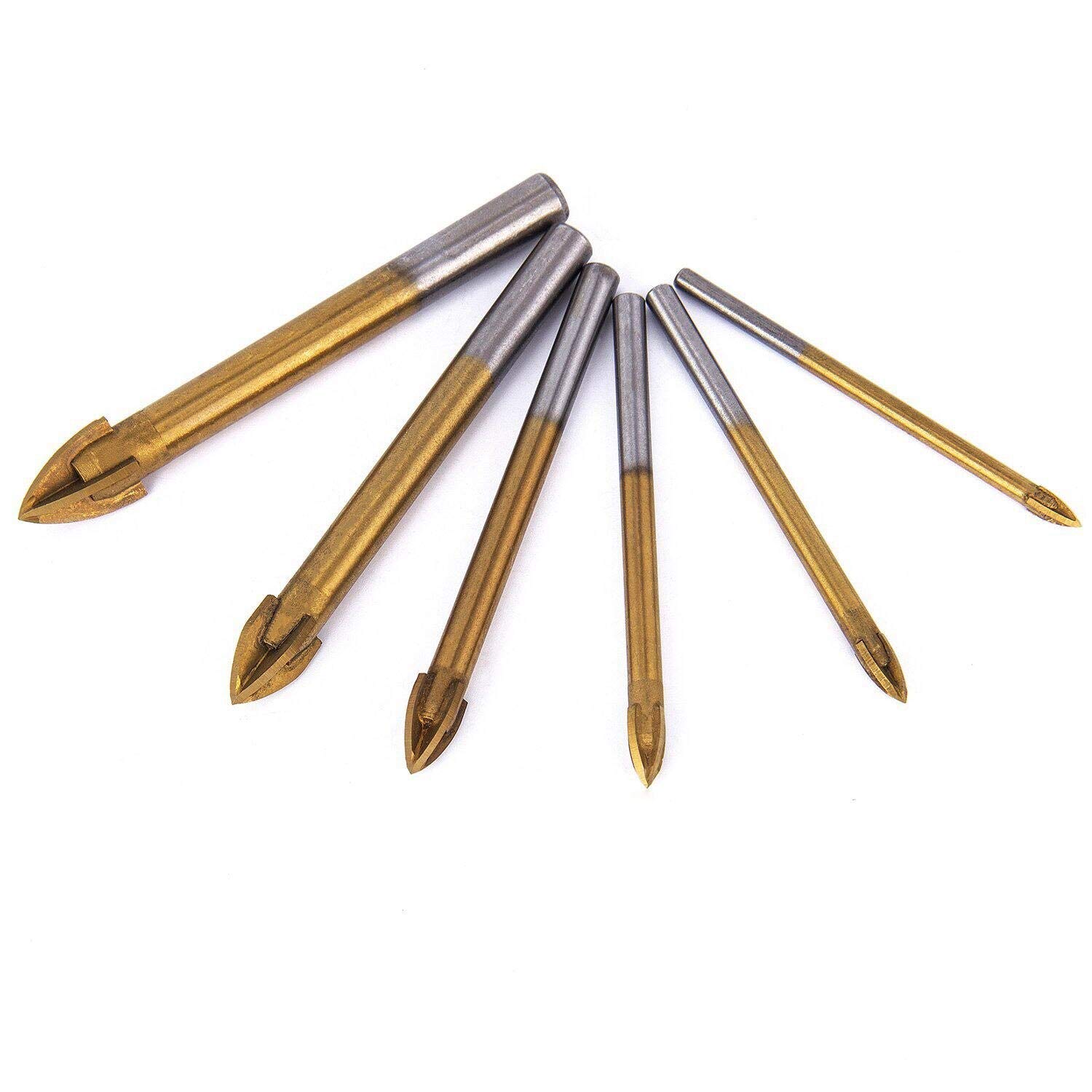 6PCS Titanium Coated Glass Drill Bit Set - Hex Shank Cross Spear Head for Ceramic Tile, Marble & Porcelain - Perfect for Bathroom Renovation & DIY Home Improvement Projects