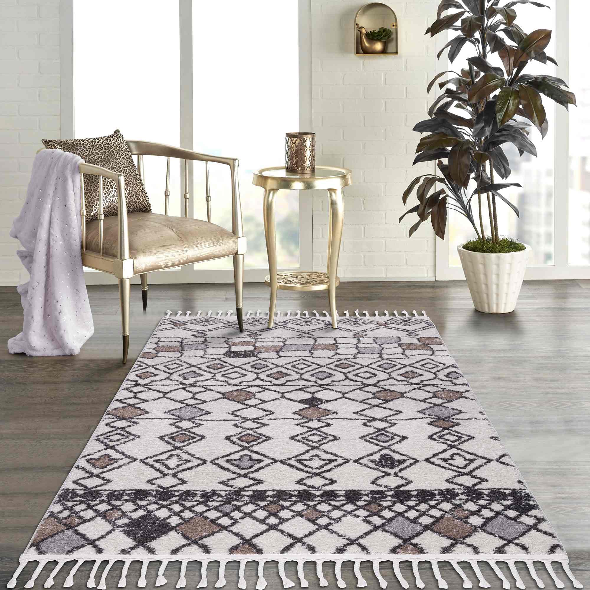 Bohemian Moroccan Tribal Area Rugs for Living Room - Navajo Ivory & Grey Mocha Black 7'8