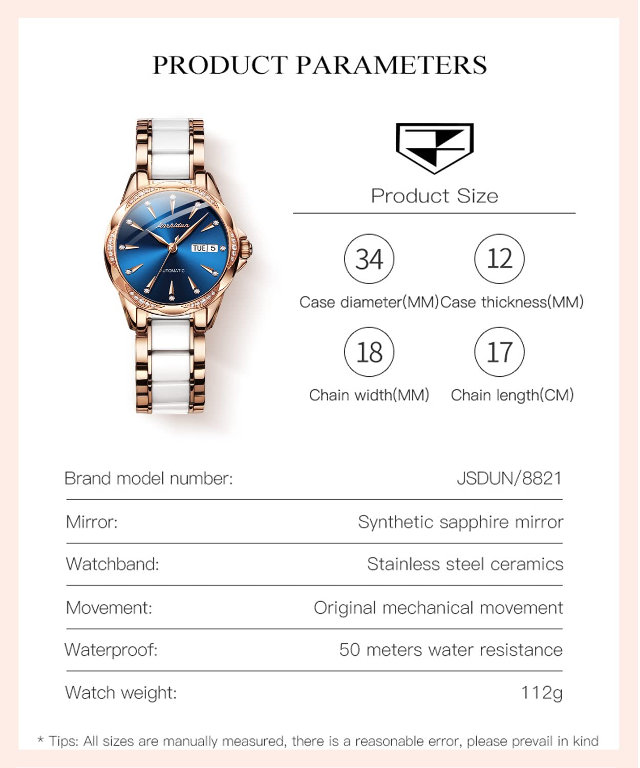 OLEVS Automatic Women's Watch with Blue Diamond Dial - Self-Winding Mechanical Watch, Ceramic & Stainless Steel Rose Gold Case, Day/Date Display, Water Resistant - Elegant Dress Watch for Women, Perfect Gift for Her | Office, Party, Wedding & Everyday Wear