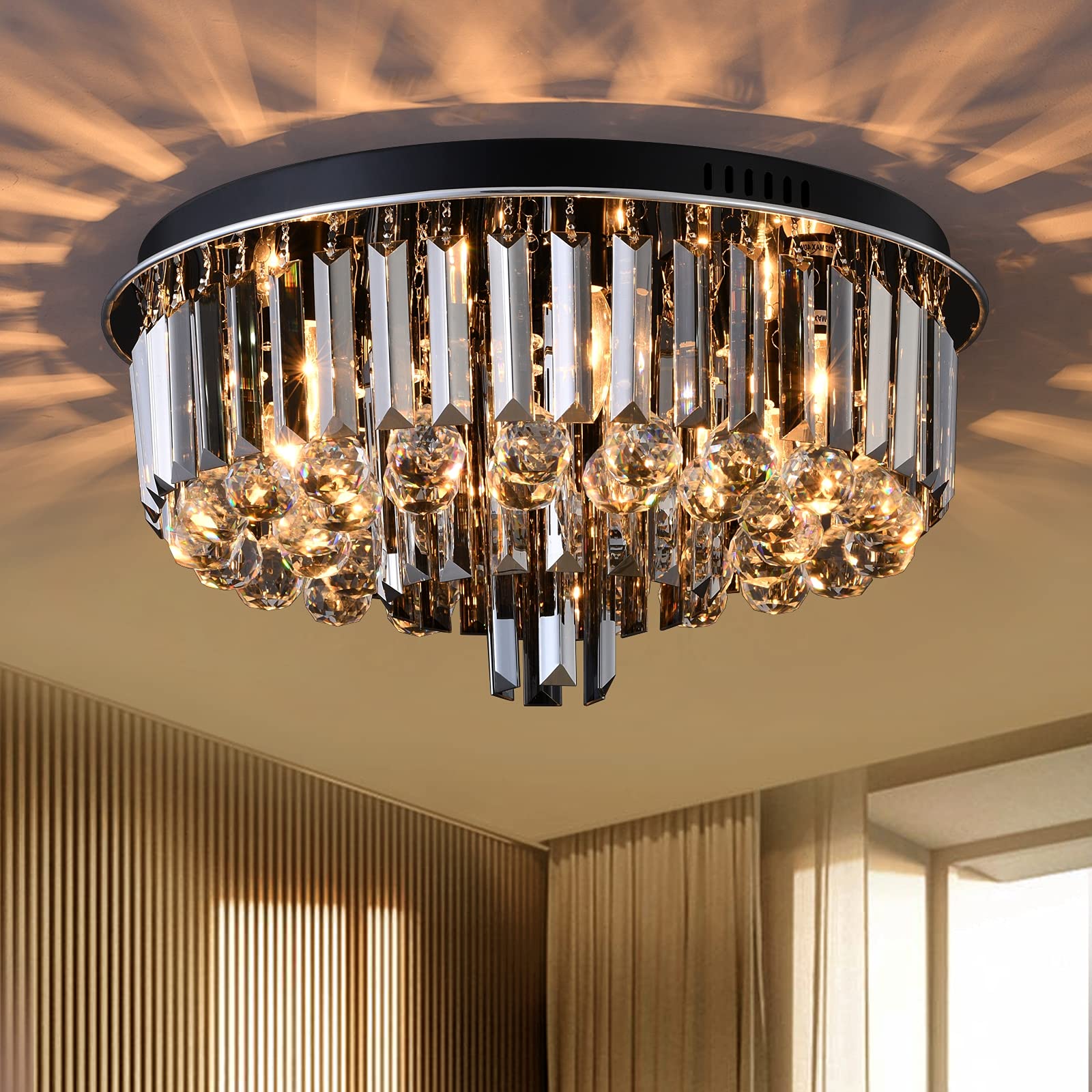 6-Light Modern Crystal Chandelier with Smoky Gray Rectangle & Clear Raindrop Crystals - 20