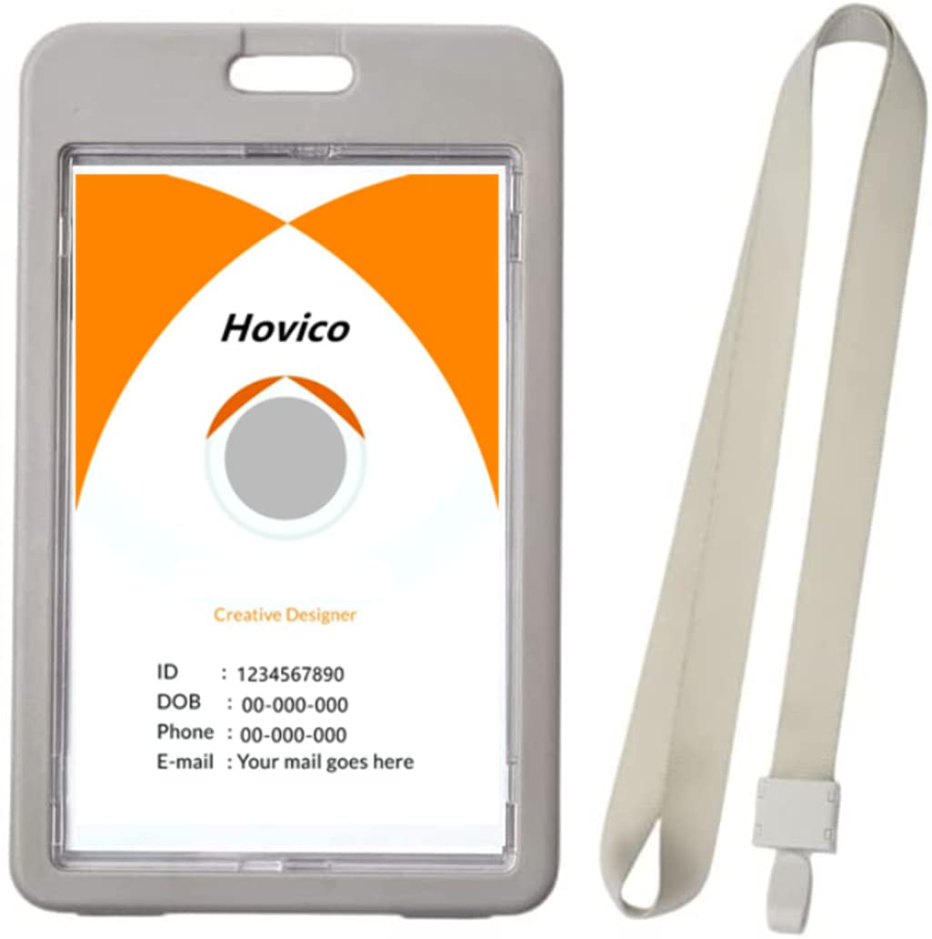 Hovico Vertical Double Sided Transparent ID Badge Holder with Lanyard - Waterproof School ID Card Holder for Teachers, Students & Office Professionals - Perfect for Campus, Workplace & Events (Grey)