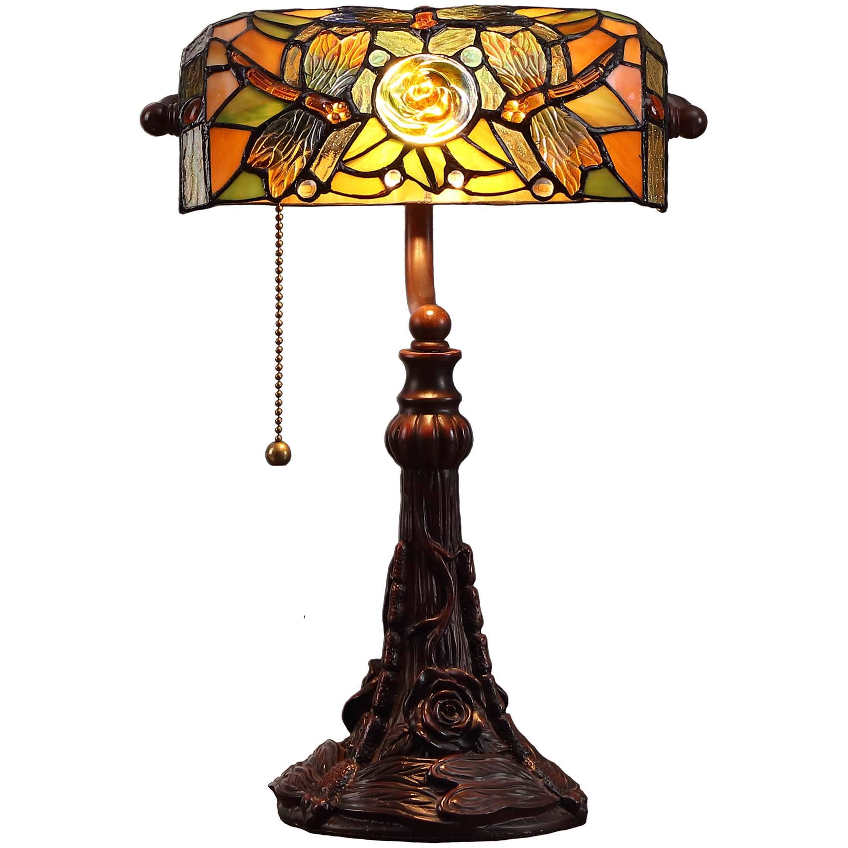 Bieye L10308 Tiffany Style Dragonfly Stained Glass Table Lamp - 16 Inch Height, 10 Inch Wide Amber Lampshade - Perfect for Office Desk, Home Study, Reading & Working Lighting