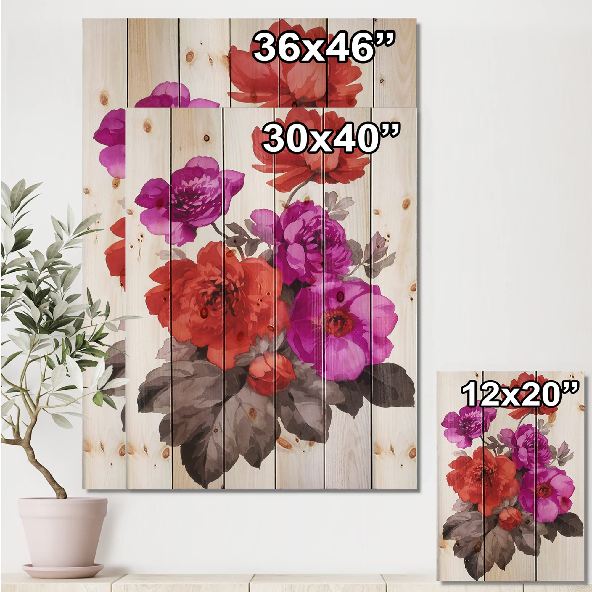 DesignQ Red & Fuchsia Floral Traditional Wood Wall Decor - Purple Large Floral Wall Art Panel Printed on Natural Pine Wood - Perfect for Living Room, Bedroom & Home Office Decoration