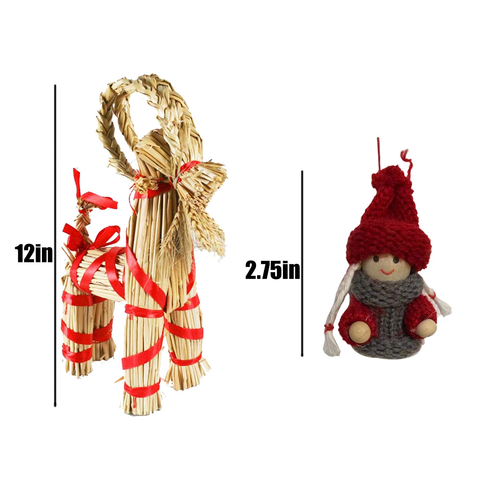 12-Inch Scandinavian Straw Goat Julbock & 2.75-Inch Santa Doll - Traditional Christmas Decorations for Holiday Tree, Mantel, and Festive Home Decor