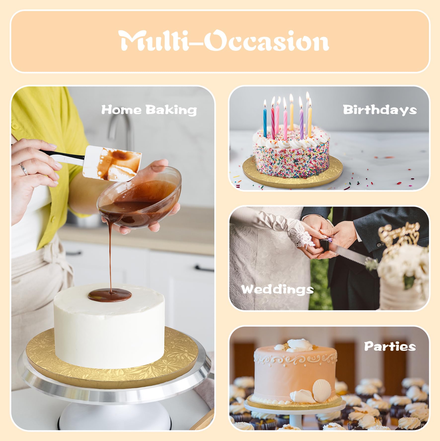 14 Inch Gold Cake Drums - 4-Pack Round Cake Boards (1/2 Inch Thick) with Banner Topper | Sturdy & Greaseproof for Birthday, Wedding & Multi-Tiered Cakes | Perfect for Professional Baking, Cake Decorating & Special Occasions by GoldenBakeryFamily