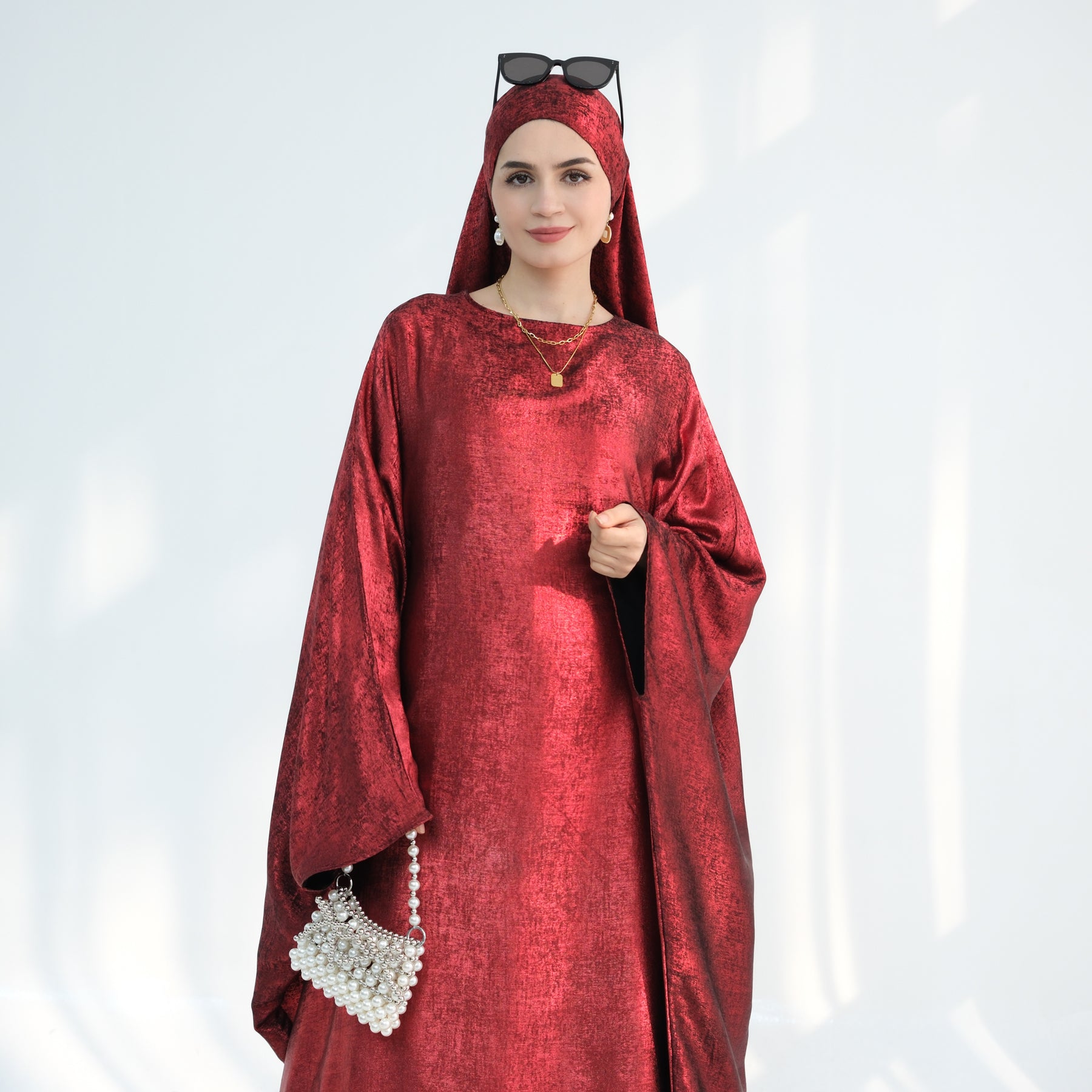 Linora Shimmer Butterfly Abaya - Elegant Ruby Embroidered Islamic Dress for Women | Perfect for Eid, Wedding & Special Occasions