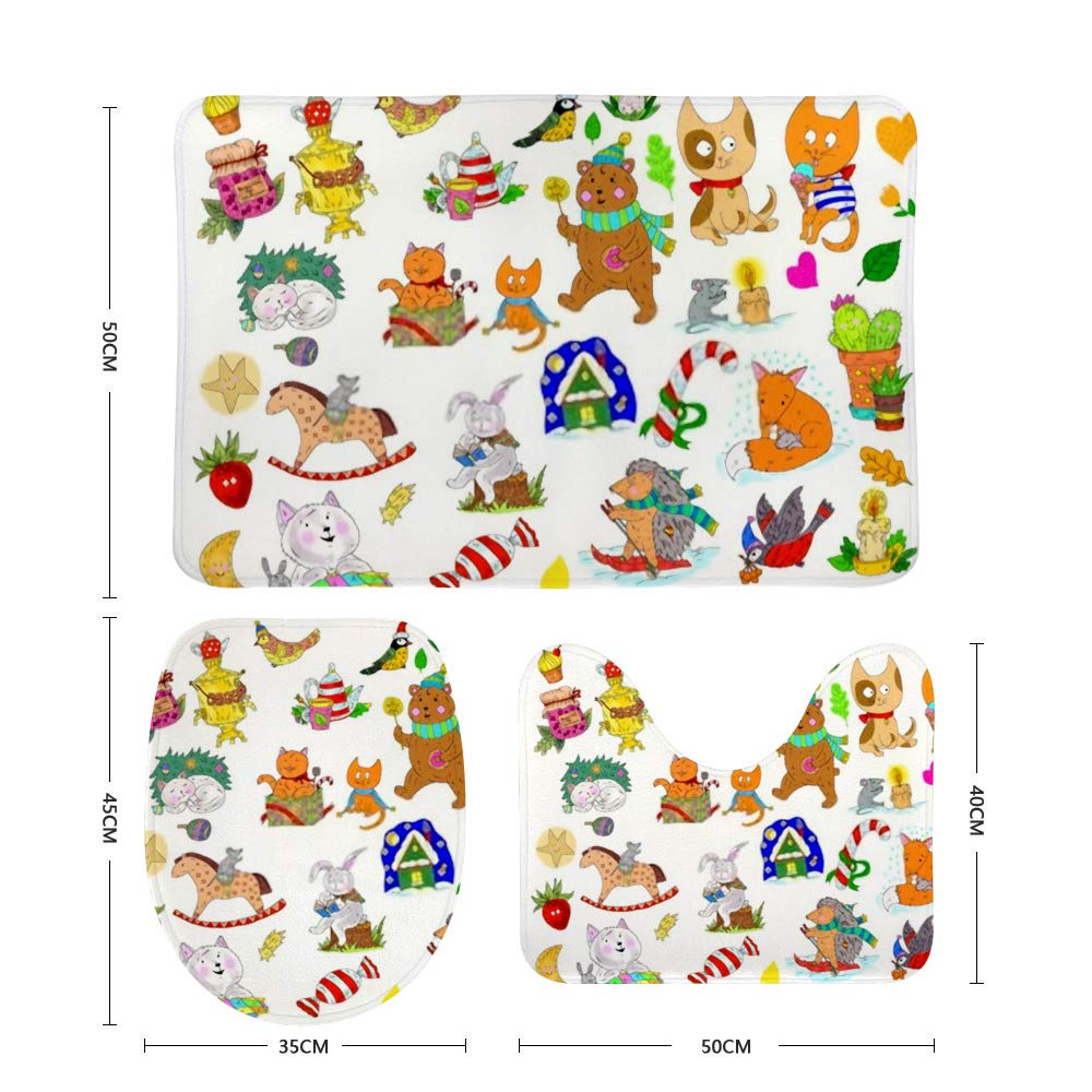 Non-Slip 3 Piece Bathroom Rug Set - Soft Contour Rug, Toilet Lid Cover & Bath Mat with Cute Animal Design for Home Decor | Water Absorbent & Comfortable for Bathroom Safety & Style
