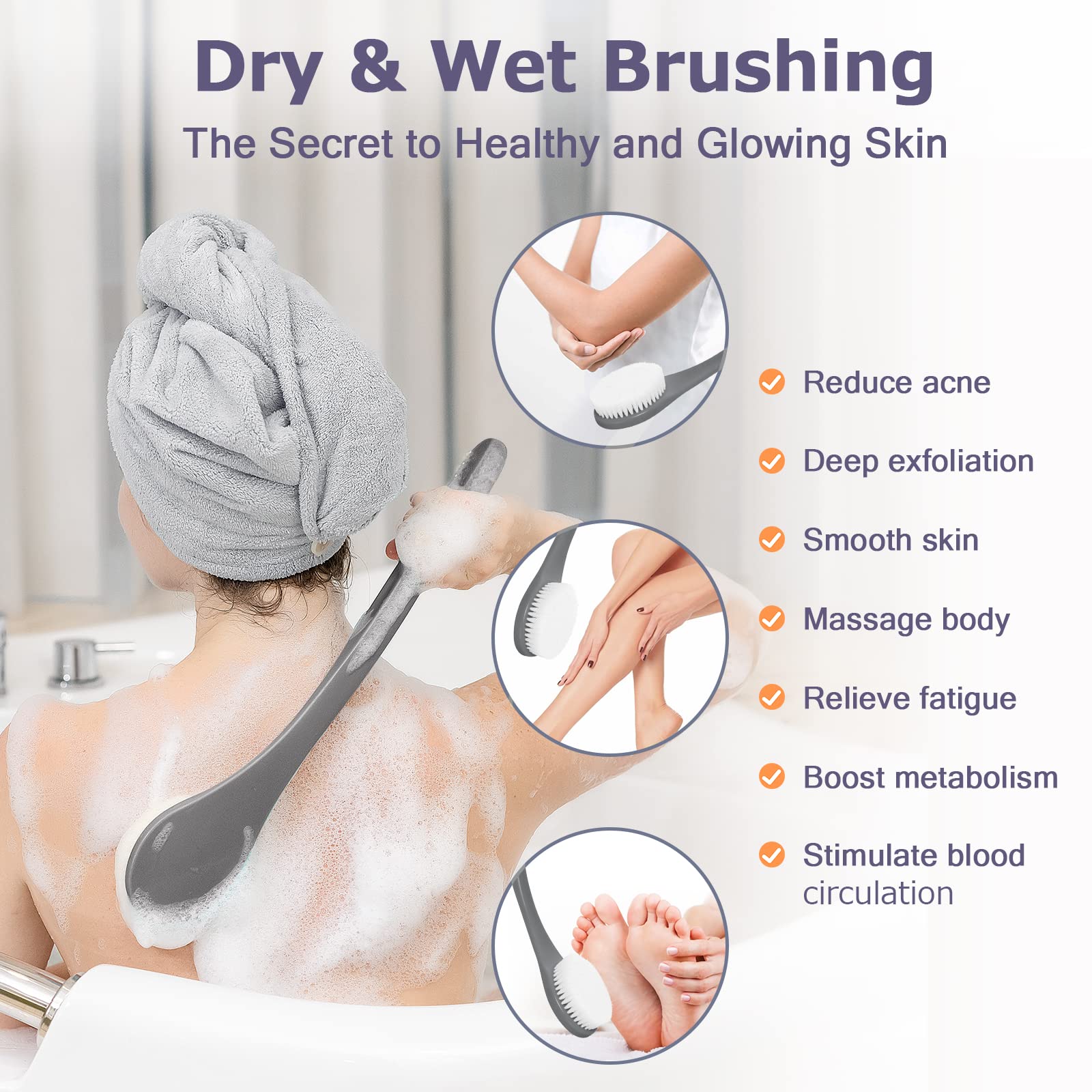 Exfoliating Shower Brush with Long Handle - Bath & Body Brush for Dry & Wet Brushing - Mold-Resistant Back with Moderate Bristles (Grey) - Perfect for Exfoliation, Lymphatic Drainage & Spa-Like Shower Experience