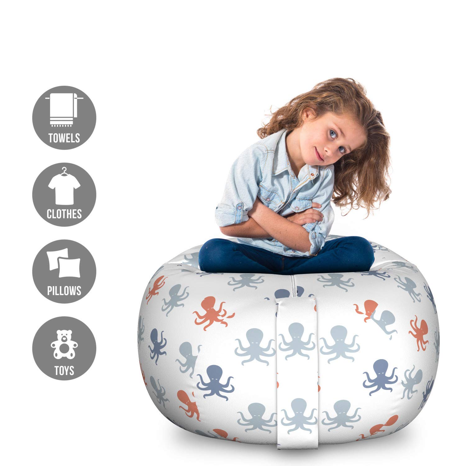 Ambesonne Octopus Storage Toy Bag Chair - Large Washable Organizer with Ocean Animal Tentacles Design, Blue Grey Cinnamon - Perfect for Kids' Room, Playroom & Beach Toy Storage