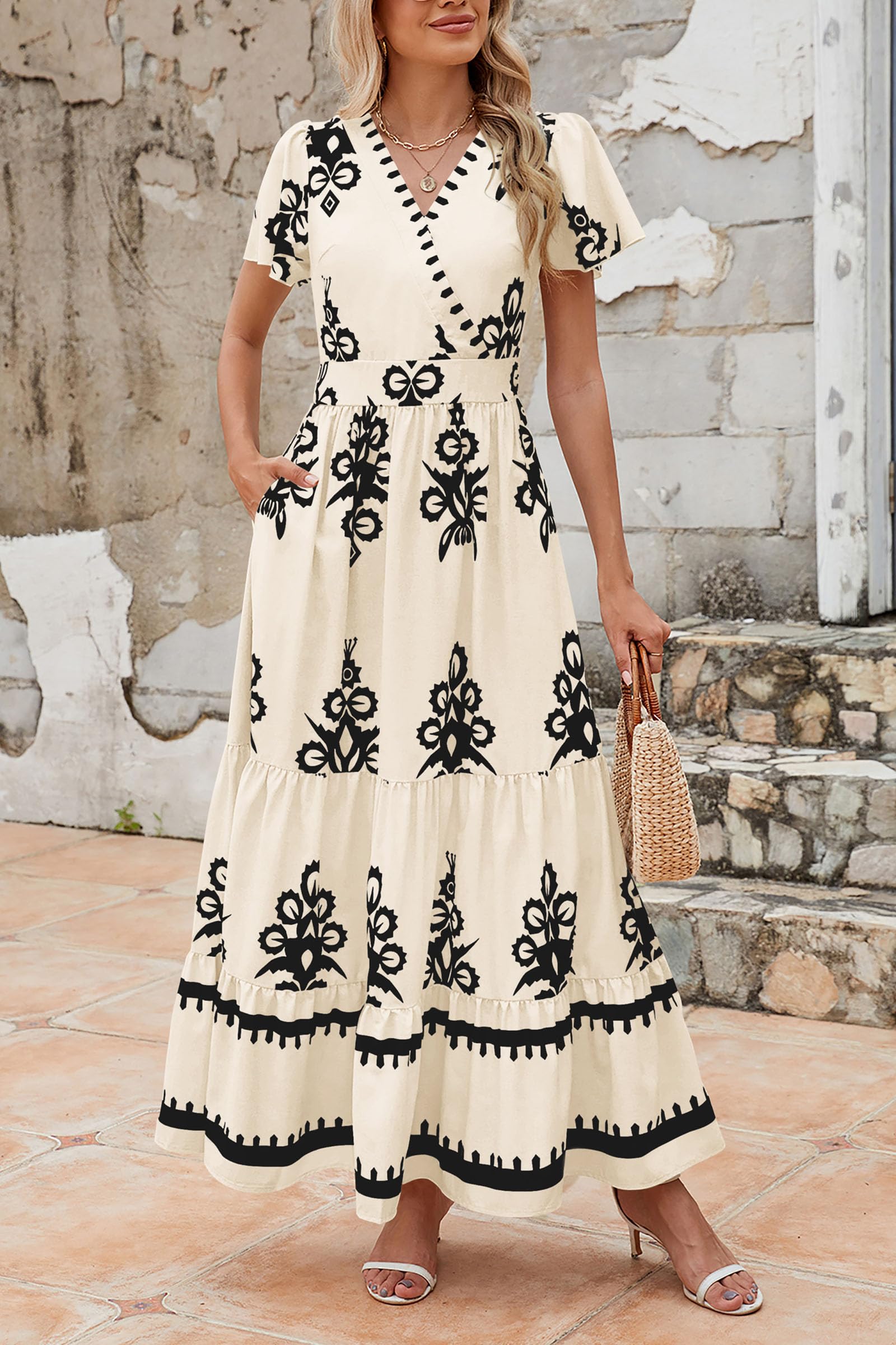 PRETTYGARDEN Women's 2025 Summer Boho Floral Maxi Dress - V Neck, Flowy A-Line, Bell Sleeve, Tiered Design with Pockets | Perfect for Beach Vacations, Music Festivals & Summer Parties