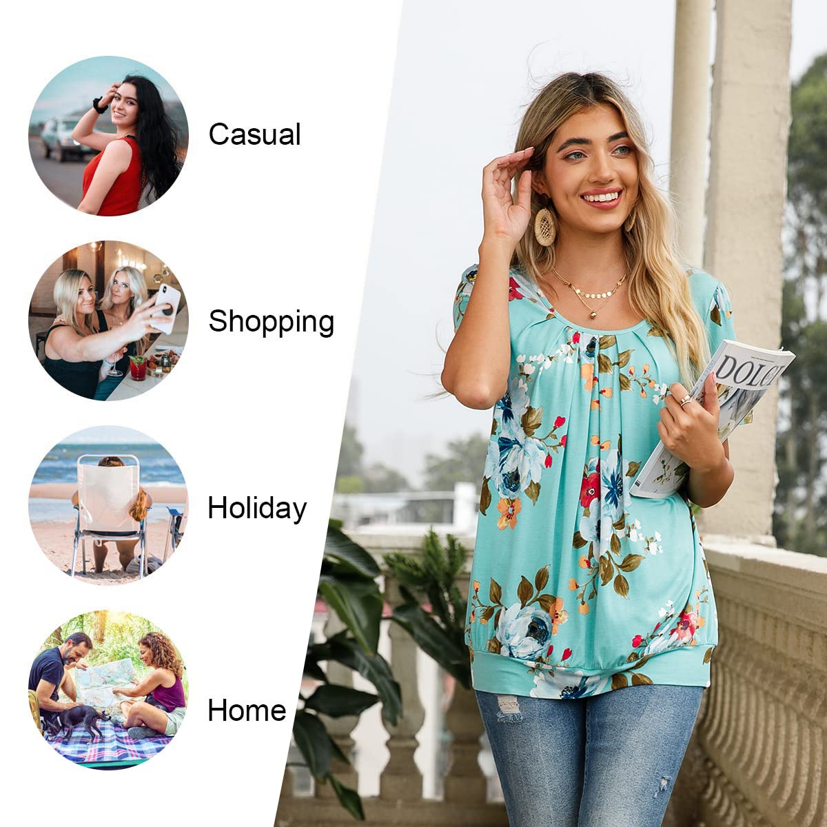 Anymeet 2025 Women's Casual Short Sleeve Tunic Tops - Spring Summer Pleated Blouse Tee for Leggings | Perfect for Work, Yoga & Everyday Wear