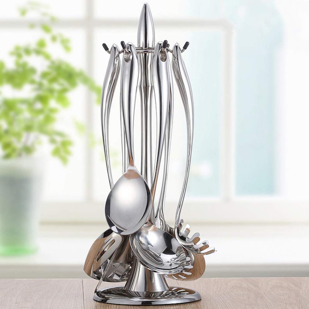 Stainless Steel Kitchen Utensil Holder with 6 Hooks - 360° Rotating Rack for Cooking Tools Storage