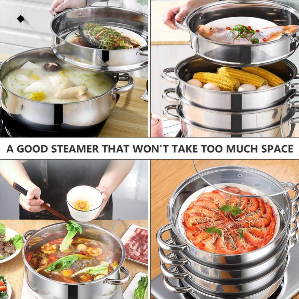 Premium Stainless Steel Steamer Pot Set - 2/3/4 Tier Stackable Bamboo Basket for Healthy Cooking | Multi-Purpose Kitchen Cookware for Vegetables, Dumplings & Seafood | Perfect for Asian Cuisine, Meal Prep & Family Dinners
