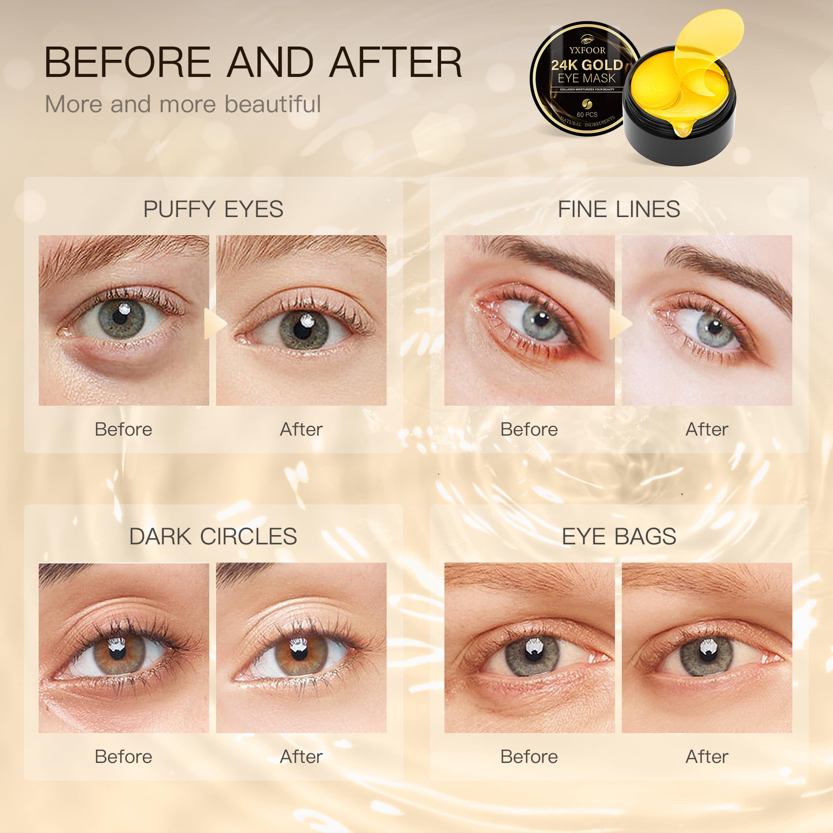 24K Gold Under Eye Patches (60PCS) - Anti-Puffiness Eye Mask for Dark Circles, Fine Lines & Wrinkles | Collagen Infused Skincare Treatment for Brightening & Hydration | Perfect for Morning Routine, Travel & Nighttime Skin Care