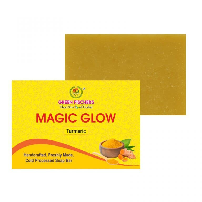 Organic Turmeric Glow Soap Bar by GREEN FISCHERS - 100g Cold Processed Ayurvedic Soap for Dry Skin, Anti-Aging & Radiant Complexion | Handmade Herbal Soap for All Skin Types | Perfect for Daily Skincare Routine & Spa Relaxation
