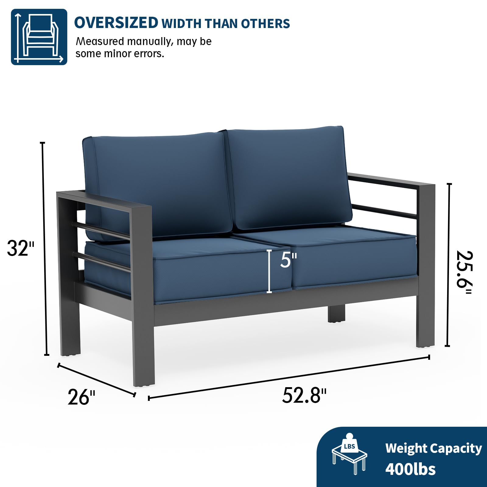 UDPATIO Outdoor Loveseat - Aluminum Patio Furniture Sofa with 5