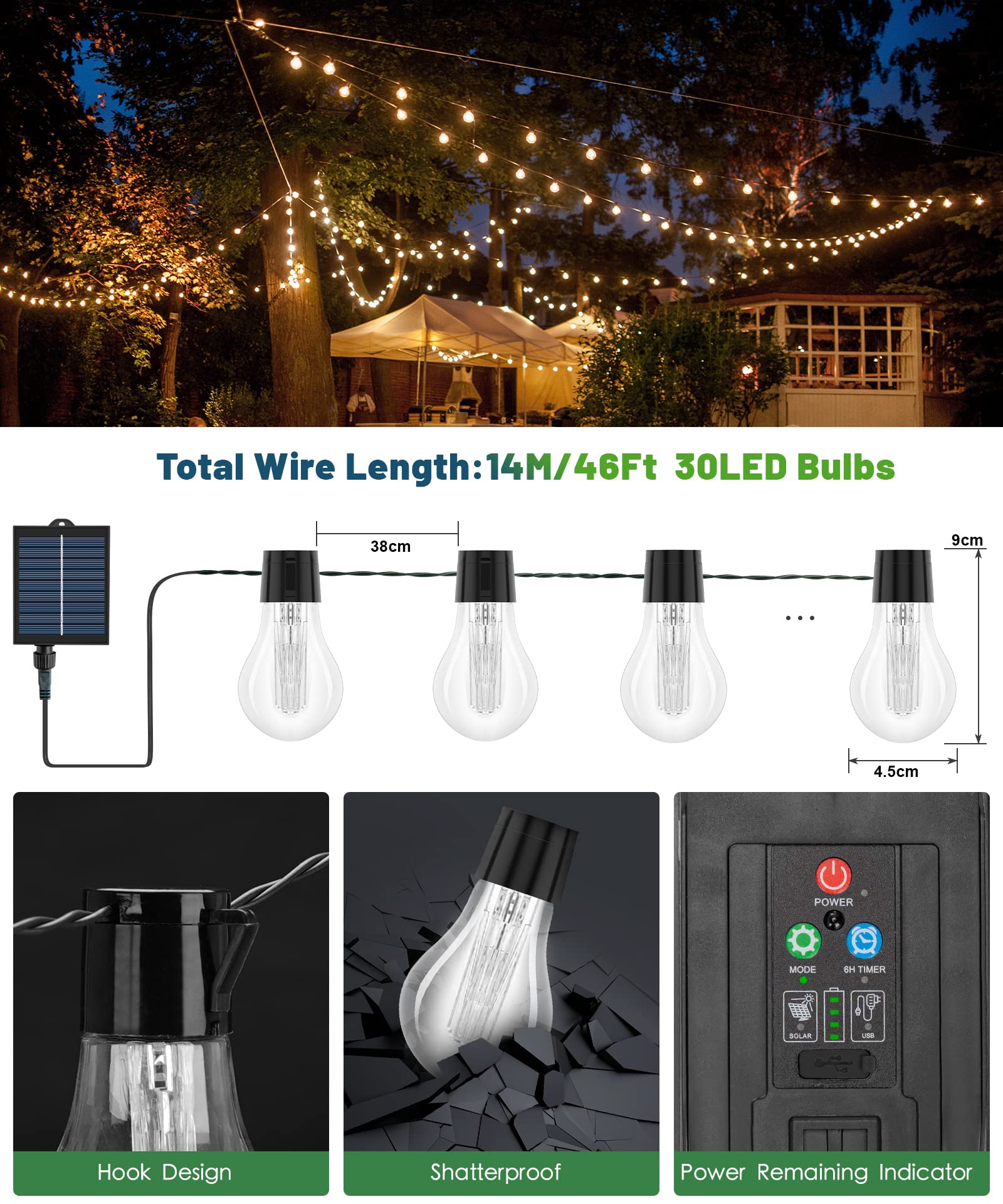 46FT Solar String Lights Outdoor with Remote - 30 LED Shatterproof Bulbs, USB & Solar Powered, 8 Lighting Modes, IP65 Waterproof - Perfect for Garden, Patio, Gazebo, Wedding & Party Decorations (Warm White)