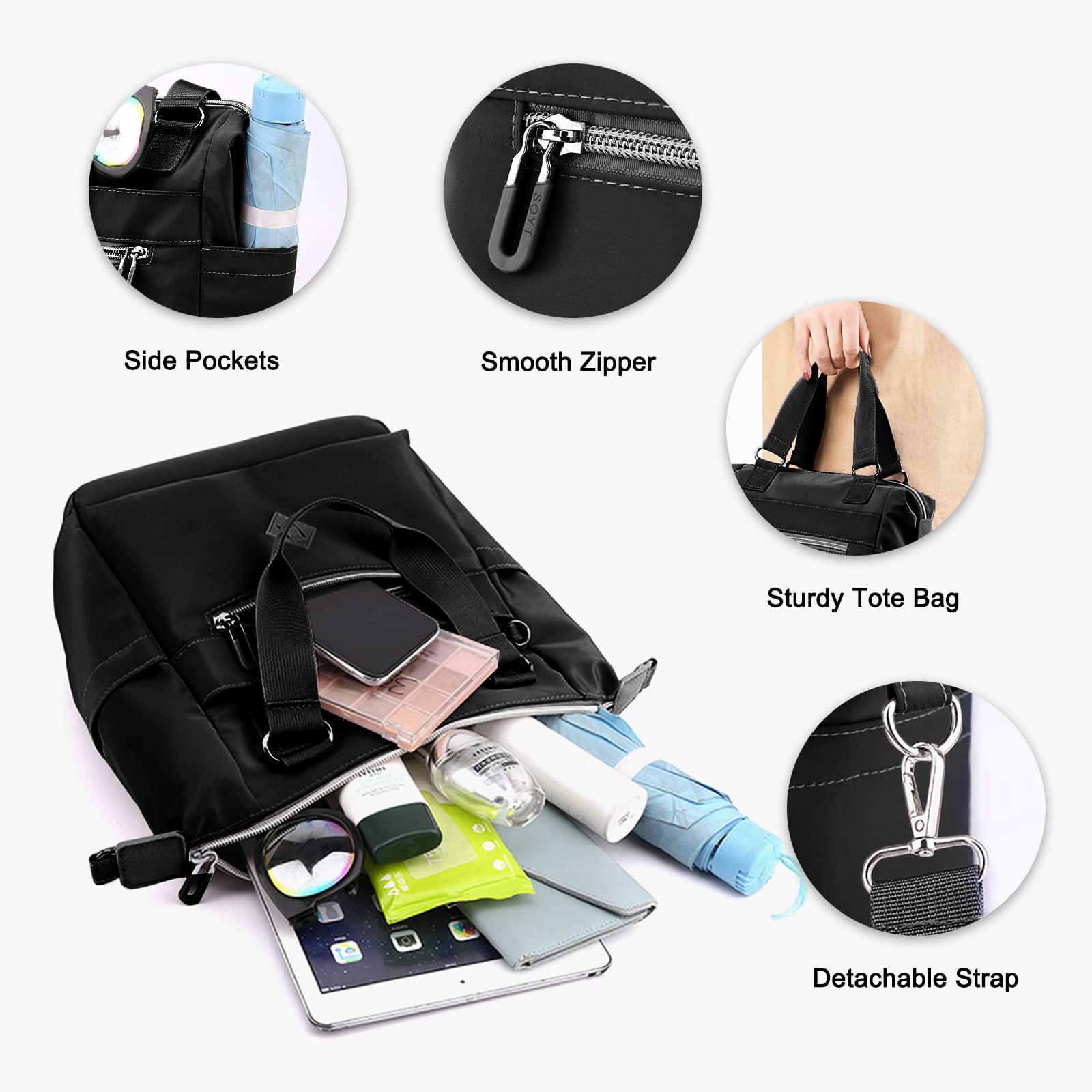 Gelory Women's Waterproof Nylon Tote Bag - Small Crossbody Shoulder Handbag with Detachable Strap & Multiple Pockets | Perfect for School, Shopping, Work & Travel (Black) | Stylish Everyday Carry & Commuter Essentials