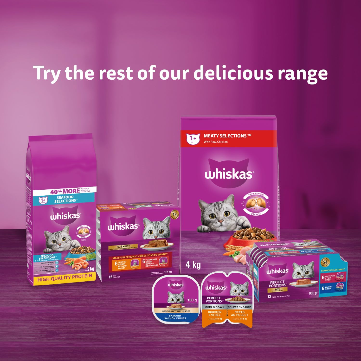 WHISKAS Perfect Portions Wet Cat Food Cuts in Gravy - Chicken & Salmon Flavor - 12 Pack (75g Each) - High Protein Meal for Adult Cats - Perfect for Picky Eaters & Daily Feeding