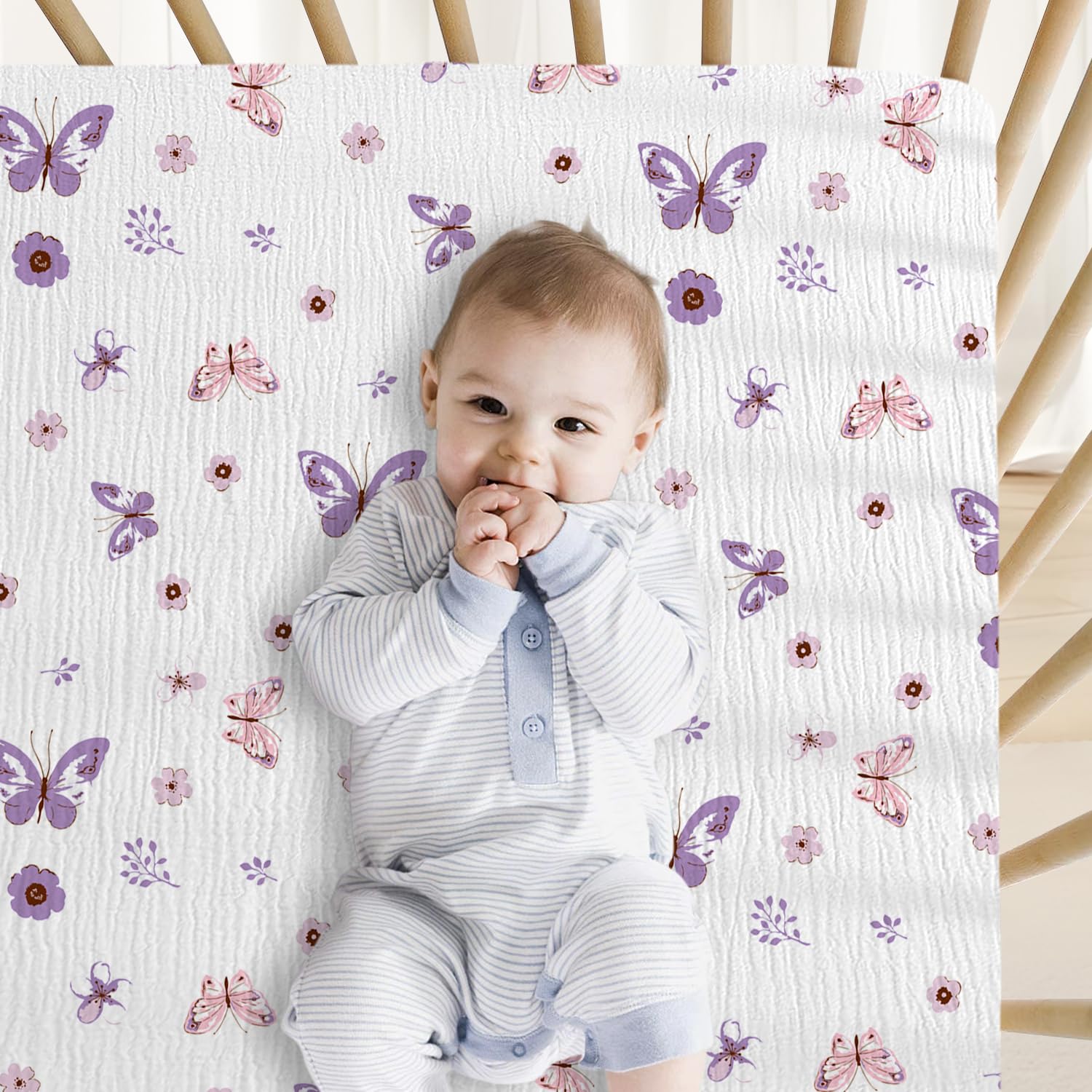 Little Grape Land 2-Pack Muslin Crib Sheets - 100% Cotton Soft Breathable Fitted Crib Sheets for Boys & Girls (52x28 Inches) - Neutral Baby Bed Sheets with Purple Butterfly Design - Perfect for Nursery, Daycare & Travel