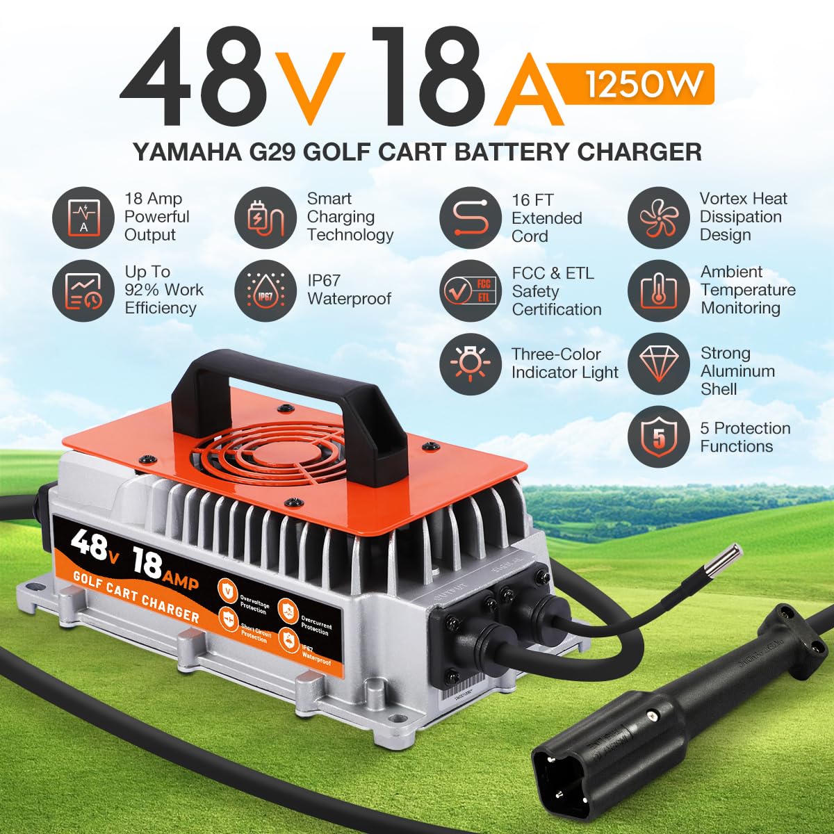 48V 18AMP Smart Golf Cart Battery Charger for Yamaha G29 Drive & Drive 2 - Fast 3-6 Hour Charging, 16FT Cord with Trickle Mode - Perfect for Lead-Acid Batteries - Ideal for Home, Golf Course & RV Use