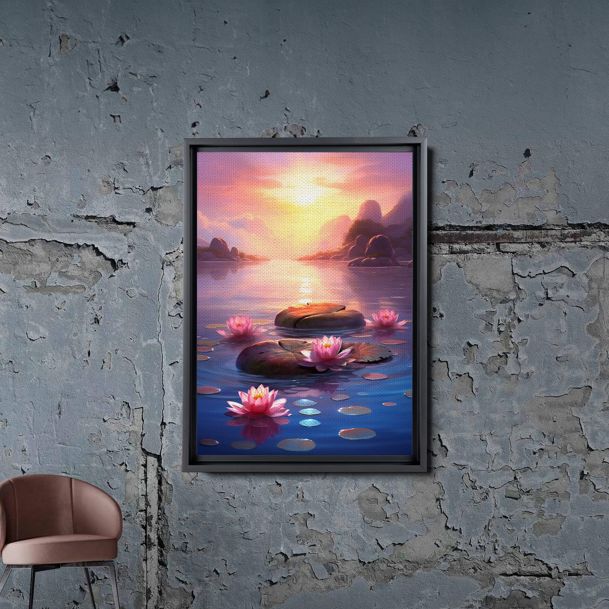 Zen Wall Art Canvas Print - Framed Zen Garden with Stone Flower & Peaceful Water Sunset Meditation Decor for Yoga Room, Living Room, and Office | Serene Scenery Home Decor