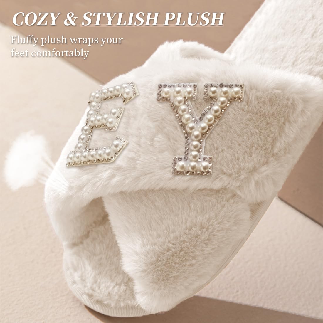 VOPHIA Bride Fuzzy Slippers - Soft Wedding Slippers with Cross Band Design, Perfect Bridal Shower Gift for Bride (Ideal for Getting Ready, Honeymoon & Bridal Suite)