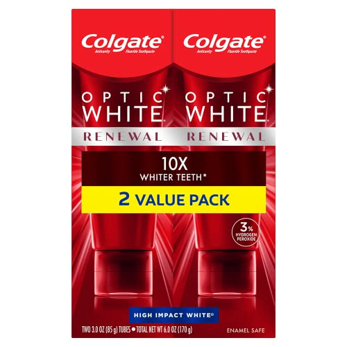 Colgate Optic White Renewal Teeth Whitening Toothpaste with Fluoride & 3% Hydrogen Peroxide - Mint Flavor, High Impact Whitening, 3oz (2-Pack) for Daily Oral Care & Stain Removal at Home