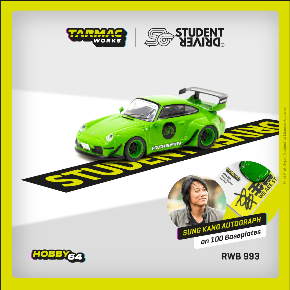 Tarmac Works 1/64 RWB 993 Rough Rhythm Fuel Fest Student Driver Diecast Model Car - Collectible Hobby 64 Scale for Display & Racing Enthusiasts
