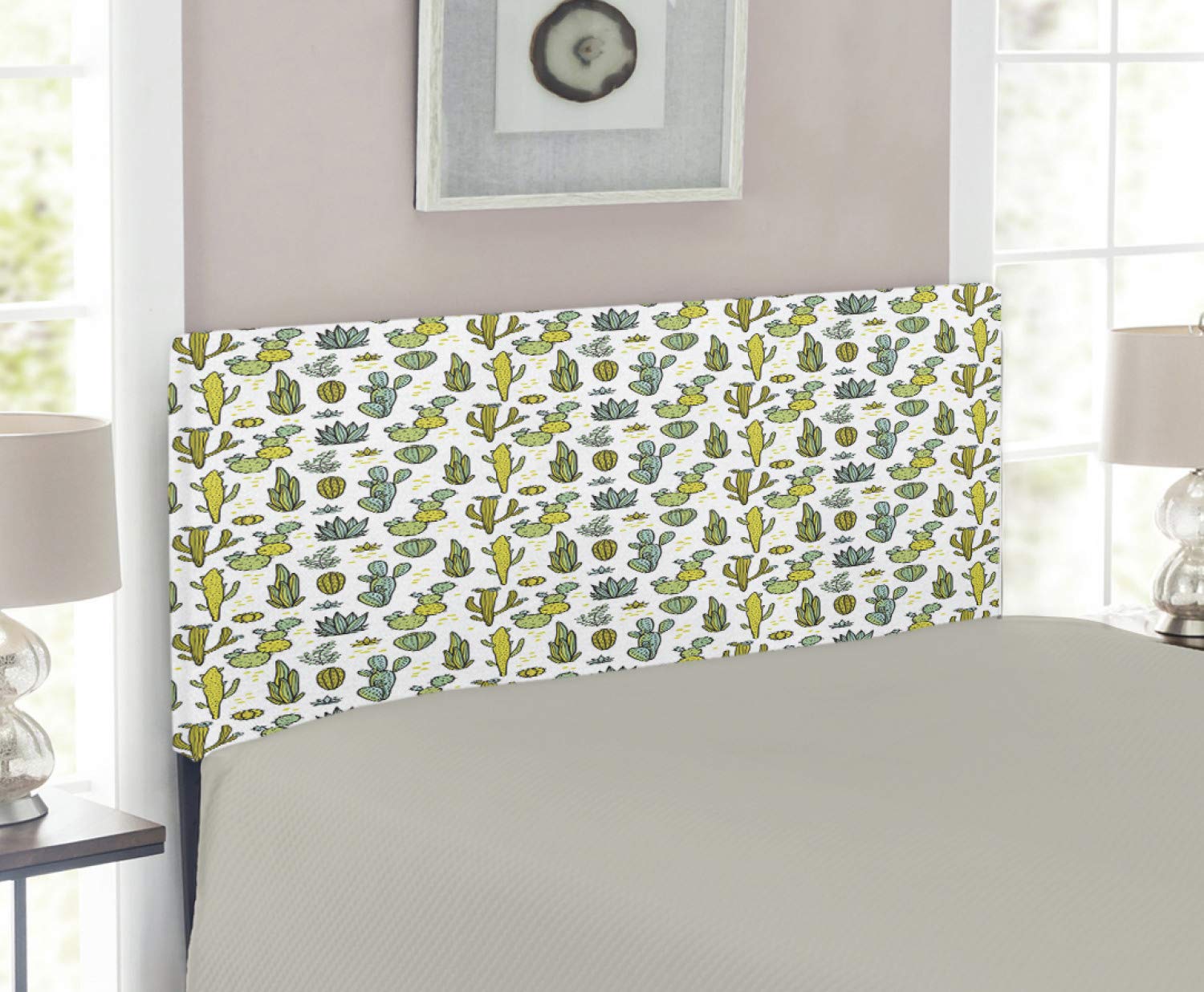 Ambesonne Twin Size Upholstered Metal Bed Headboard with Memory Foam - Hand Drawn Cactus & Botanical Floral Pattern in Green Reseda - Perfect for Tropical & Boho Bedroom Decor