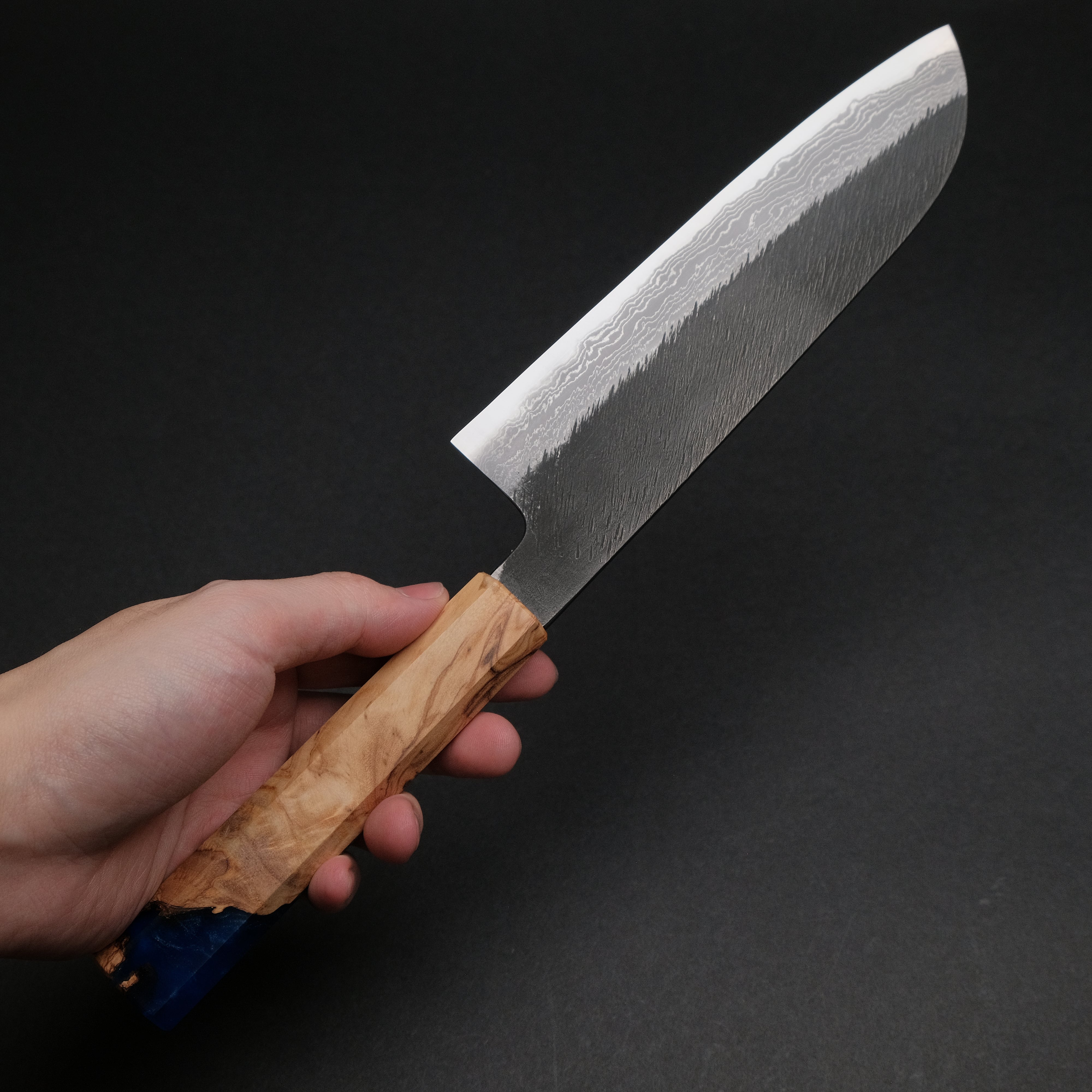 Premium Ajikataya White #2 Matsuba Damascus Santoku Knife 180mm - Olive Wood & Resin Handle (#19) - Japanese Kitchen Knife for Professional Chefs & Home Cooking - Perfect for Slicing, Dicing & Chopping Vegetables, Meat & Fish
