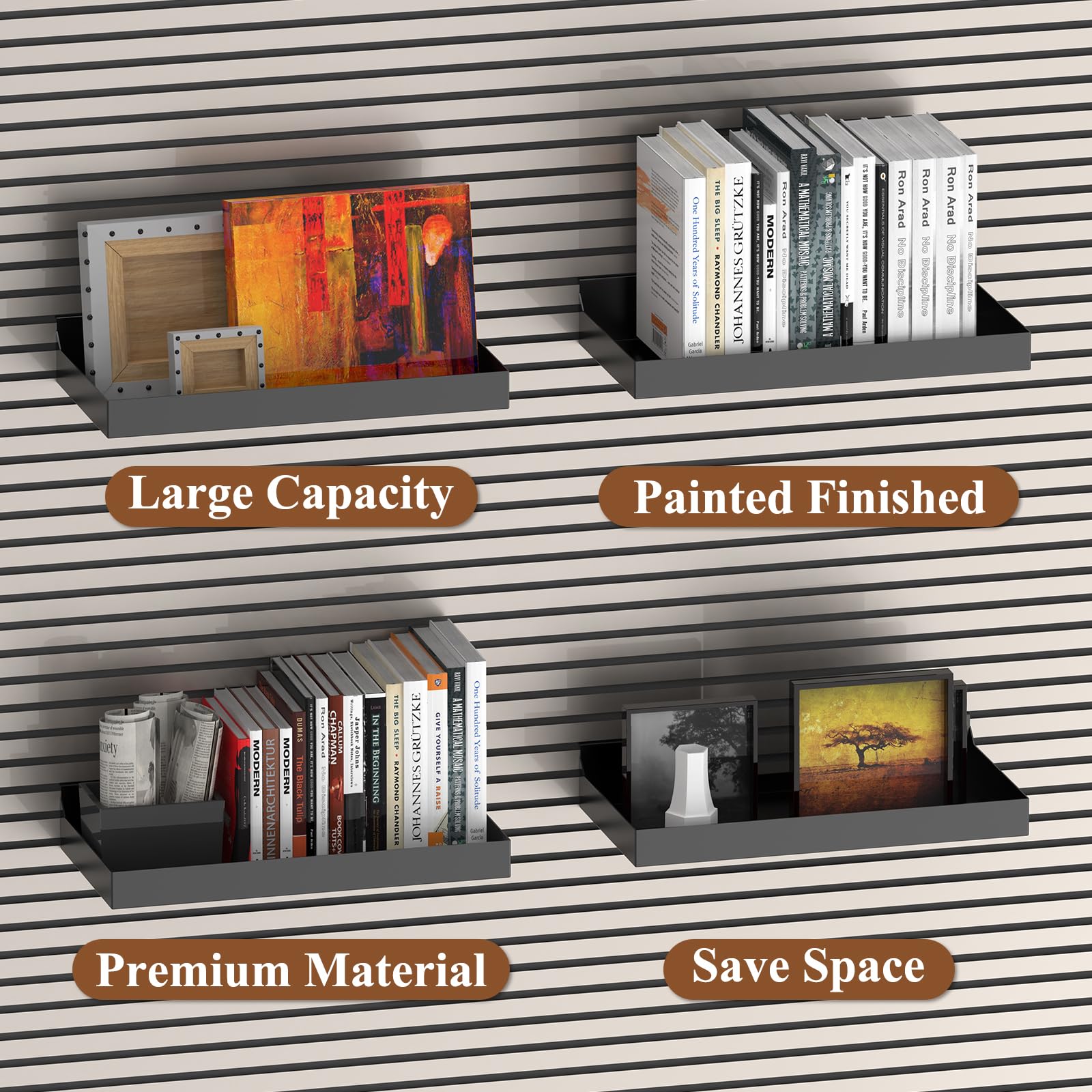 4 Pack 16x8 Inch Heavy Duty Metal Slatwall Shelves & Baskets - Black Retail Display Storage Organizer for Shop, Garage, and Closet Organization