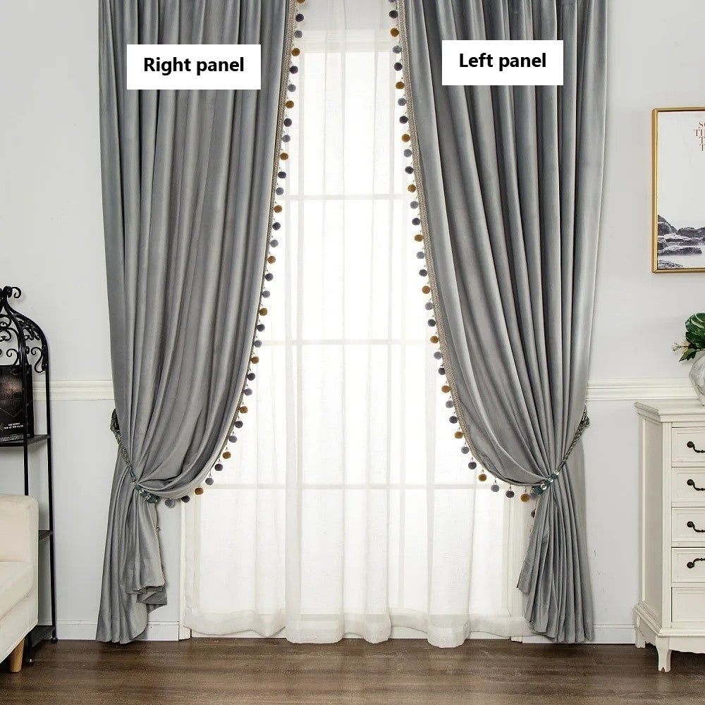 Luxury European Pompom Lace Velvet Curtains - Light Gray Window Drapes for Living Room & Bedroom Elegant Decor