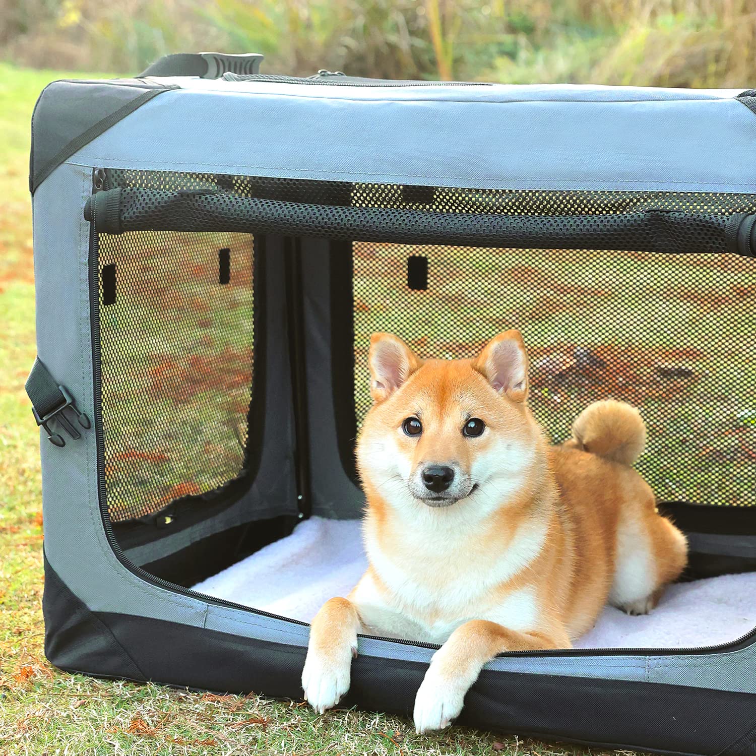 Pettycare 42 Inch Large Collapsible Dog Crate - 4-Door Foldable Soft Kennel with Chew Proof Mesh Windows for Indoor & Outdoor Use | Travel, Camping & Home Pet Carrier for Big Dogs