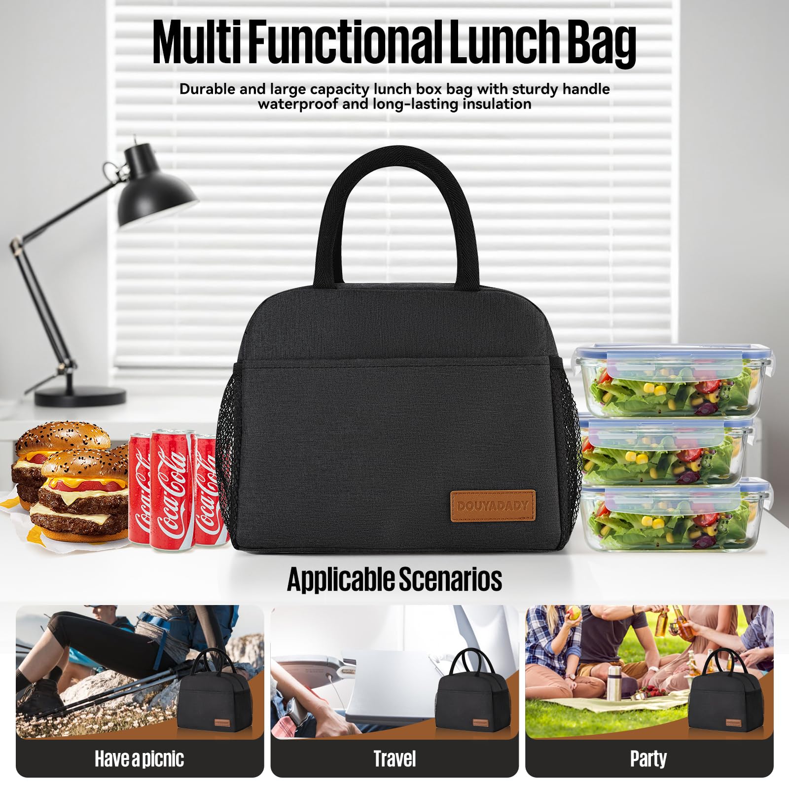 Insulated Lunch Bag for Women & Men - Leak Proof & Reusable Lunch Box for Work, School & Travel - Black (Perfect for Office, Picnics & Outdoor Activities)