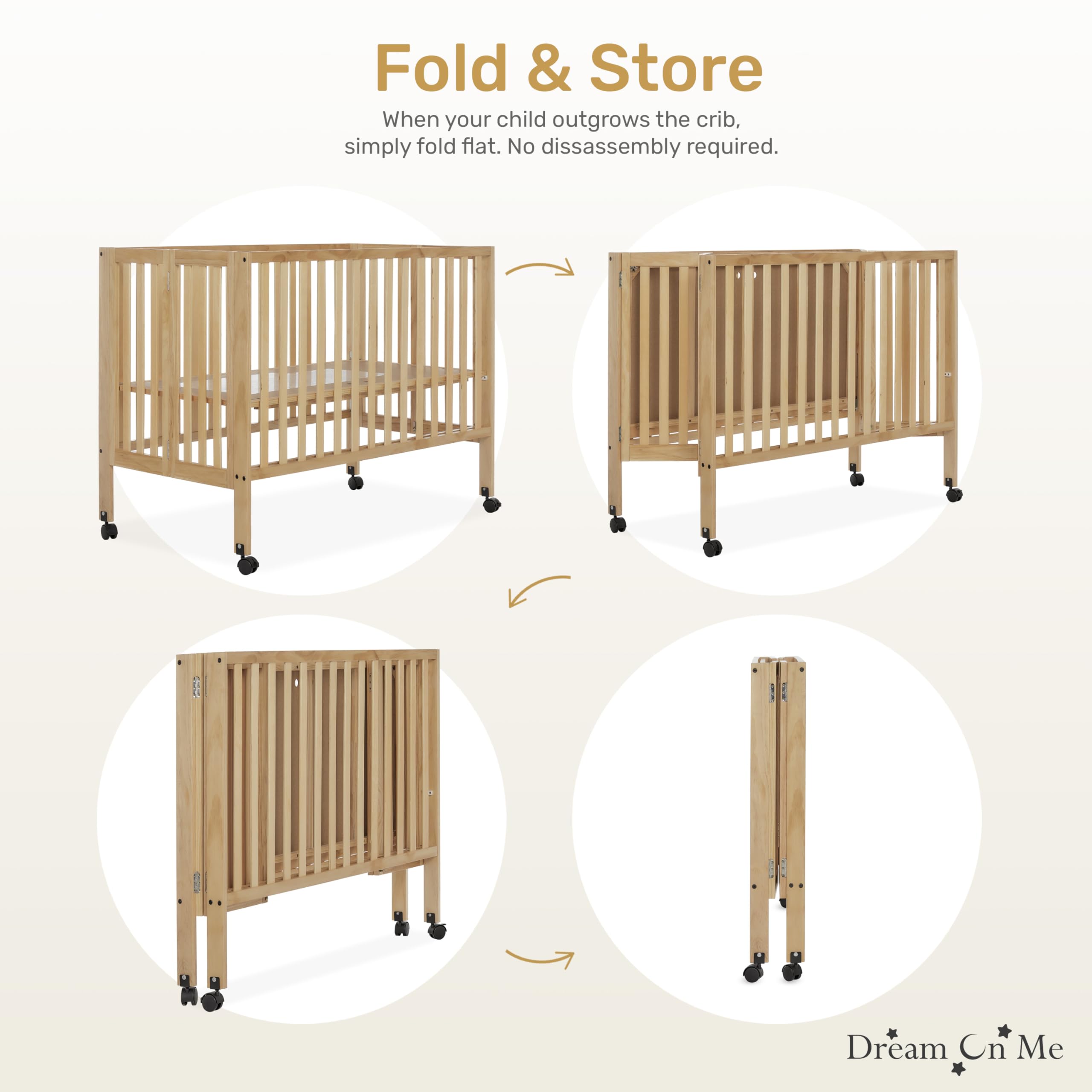 Dream On Me Quinn Full-Size Folding Crib - Natural Wood Portable Baby Crib with Removable Wheels, Adjustable Mattress Support & Patented Folding System | Modern Nursery Furniture for Home, Travel & Daycare Use