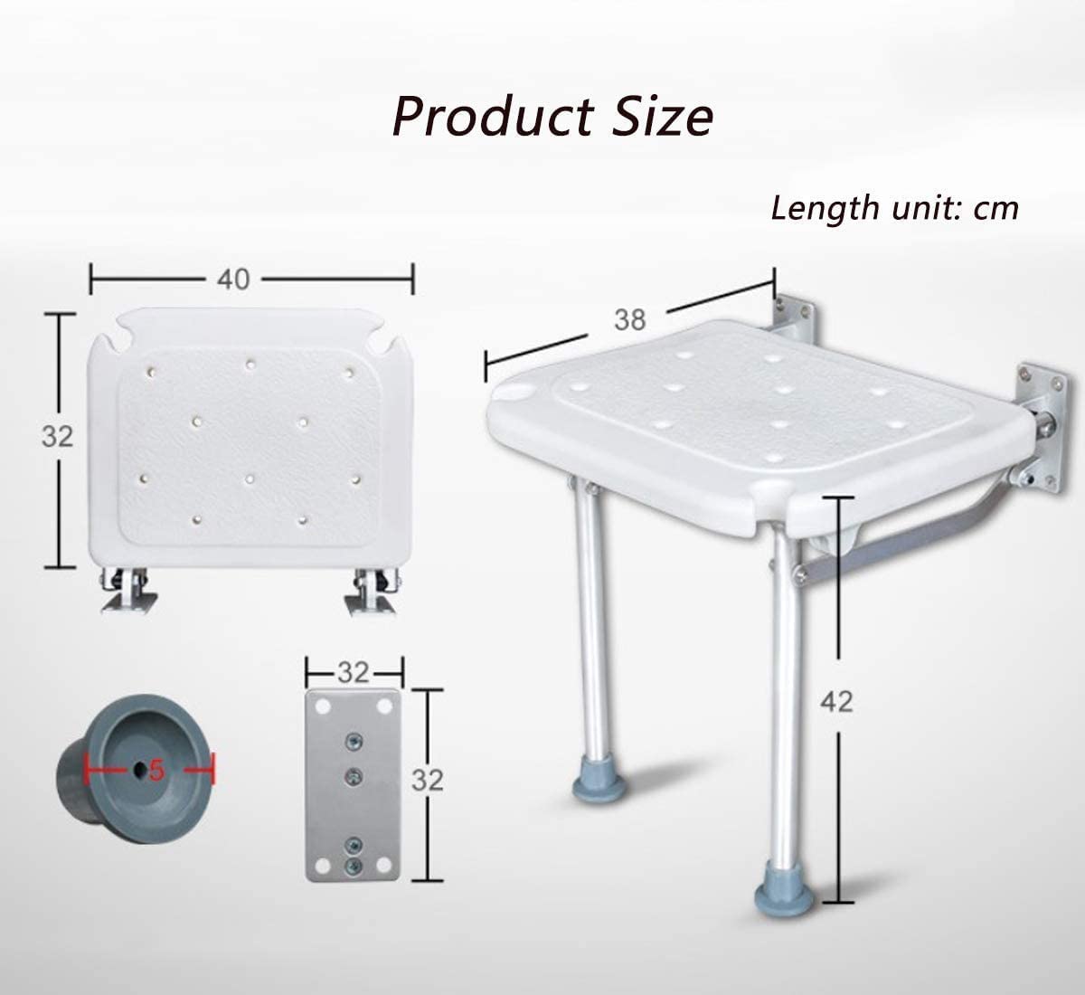 Foldable Wall Mounted Shower Chair for Elderly - Aluminum Frame Bath Seat with Support Leg for Seniors, Pregnant & Disabled - Non-Slip Shower Stool for Safe Bathing at Home, Hospital or Nursing Care