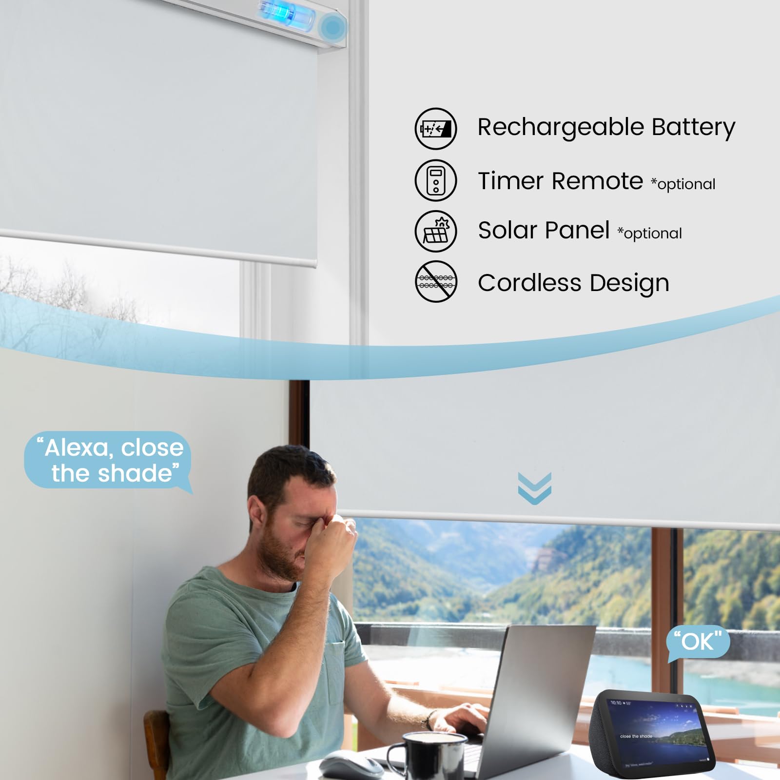 Smart Motorized Roller Shades with Remote - Blackout Cordless Electric Window Blinds, Alexa-Compatible & Free Stop Feature for Home Office (Vinyl Light Grey) - Perfect for Bedrooms, Living Rooms & Home Theater Light Control