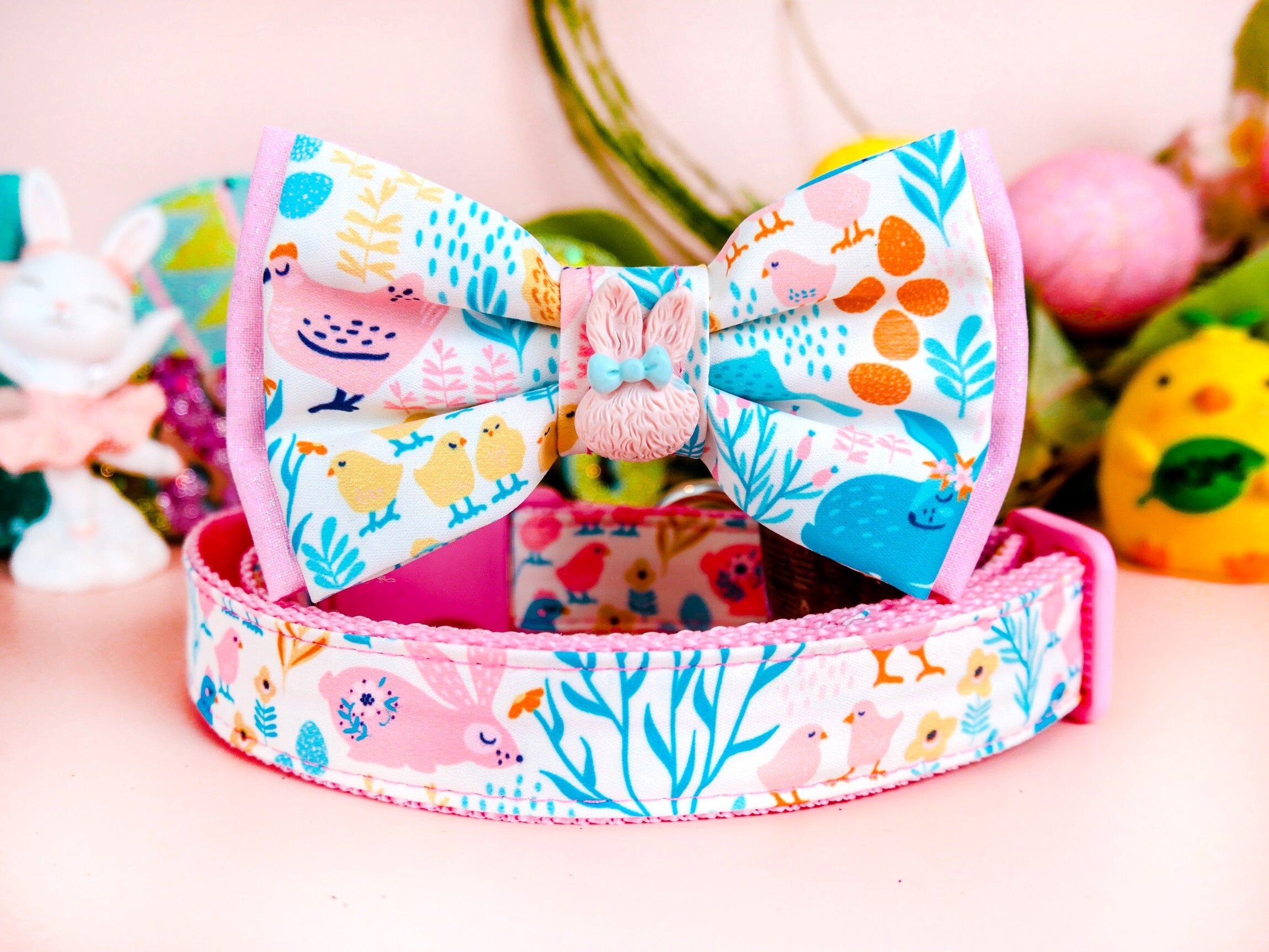 Easter Dog Collar with Bow Tie - Floral Pet Collar for Small & Medium Dogs - Perfect for Easter Photos, Spring Walks & Pet Parties