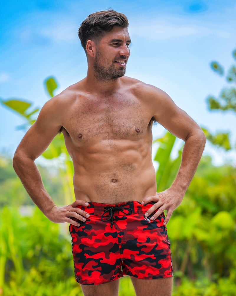 Men's Red Camo Swim Shorts - Quick Dry Beach Board Shorts for Swimming, Surfing & Summer Vacations