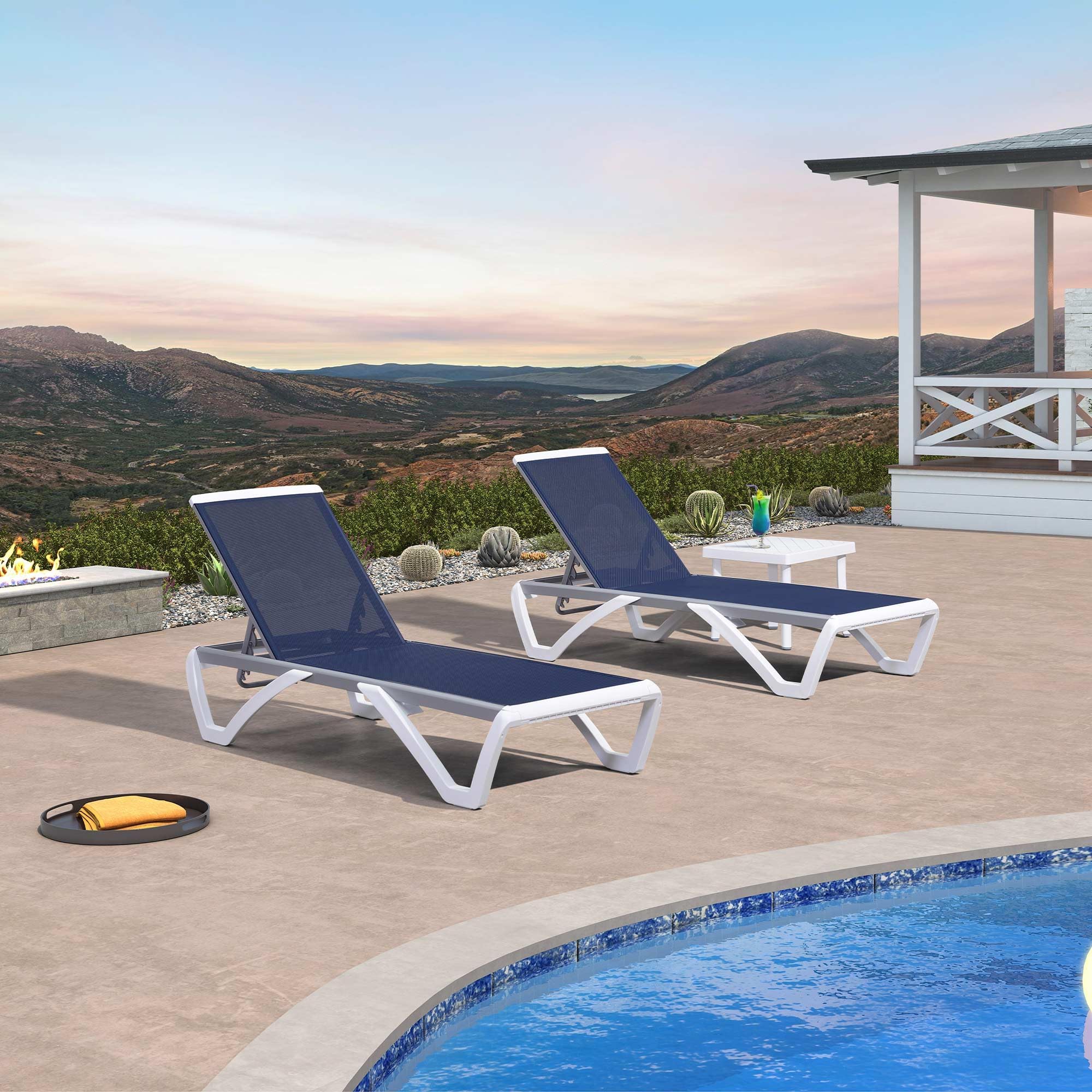 PURPLE LEAF 3-Piece Patio Chaise Lounge Chair Set - Aluminum & Plastic Stackable Sun Loungers for Pool, Beach, Deck - Dark Blue Outdoor Tanning Chairs for Relaxing & Sunbathing