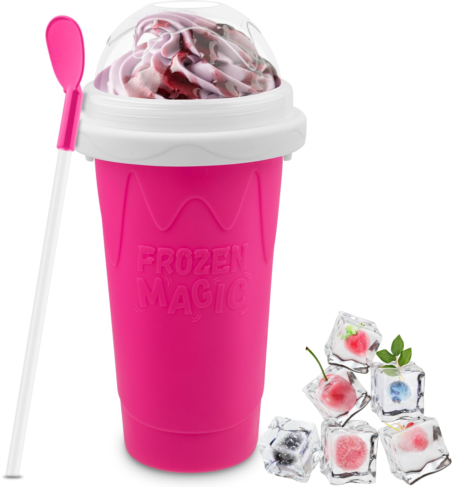 Magic Slushie Maker Cup - DIY Portable Smoothie Squeeze Cup for Juices, Milk & Ice Cream - Double Layer Silica Cup with Lid & Straw - Perfect for Parties, Summer Treats & Family Gifts (Red)
