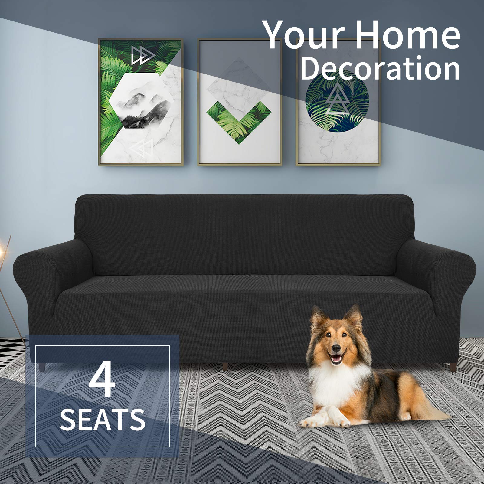 JIVINER High Stretch 1-Piece Sofa Slipcover - Extra Large 3-Cushion Couch Cover with Anti-Slip Elastic Bottom, Furniture Protector for Pets (XL, Black) - Perfect for Living Room, Family Room & Pet-Friendly Homes