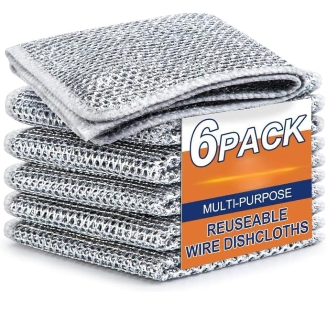 Stainless Steel Scrubber Pads - Non-Scratch Dishwashing Rags for Wet & Dry Cleaning - Multipurpose Wire Scourer for Dishes, Sinks & Countertops - Easy Rinse & Machine Washable (6 Pack) - Perfect for Kitchen Cleaning, Pots & Pans Scrubbing
