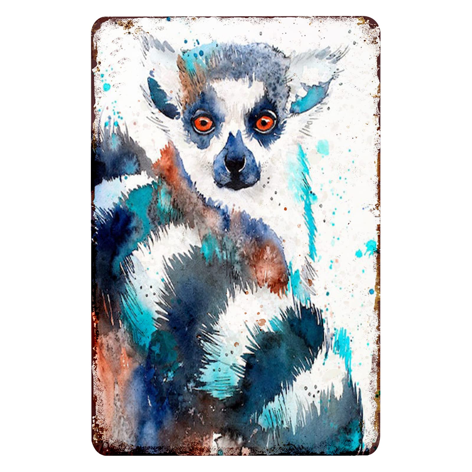 Handmade Metal Wall Art Decor - 8x12 Inch (20x30cm) Ring-Tailed Lemur Watercolor Print Metal Medallion for Living Room, Bedroom & Office - Unique Home Decoration Gift Idea