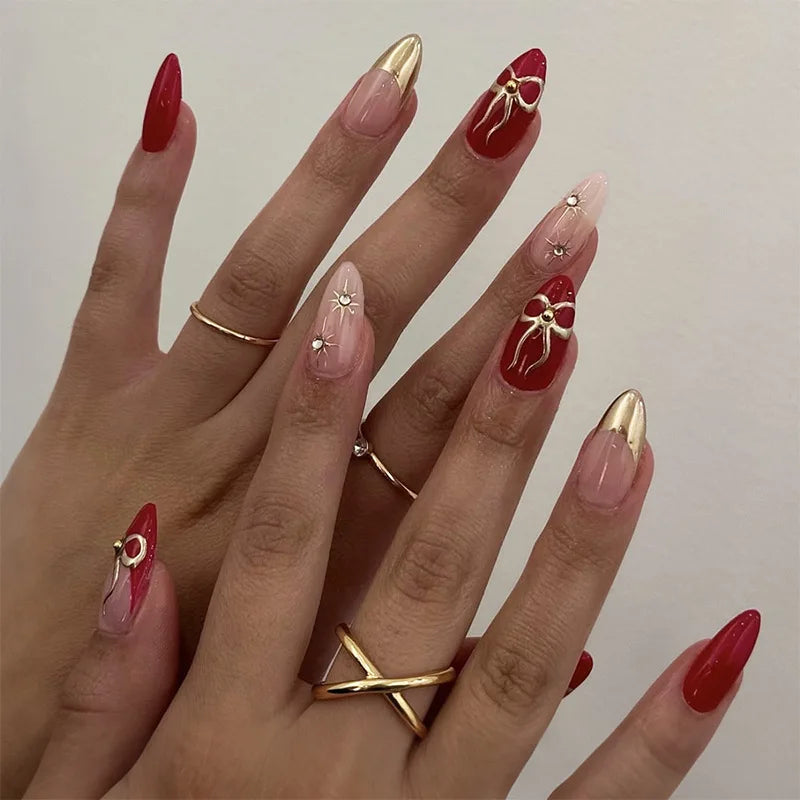 24Pcs Short Pink Fake Nails with French Gradient Design - Almond Shaped Press on Nails with Golden Stripe Detachable Tips for Women | Perfect for Parties, Weddings, and Daily Wear