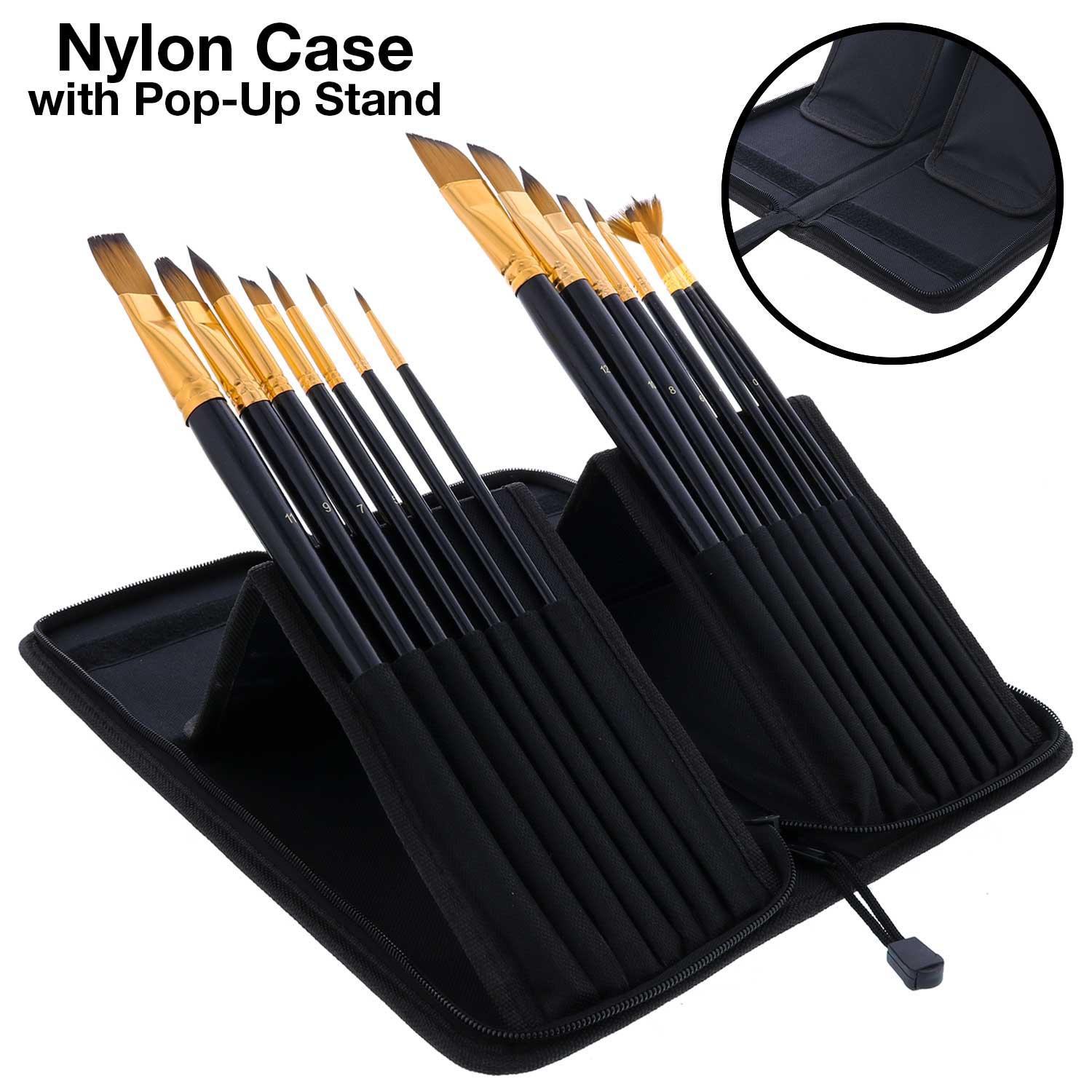 15 Piece Artist Long Handle Paint Brush Set - Professional Acrylic Oil Watercolor Brushes in Zippered Nylon Travel Case - Perfect for Studio, Outdoor Sketching & Art Classes