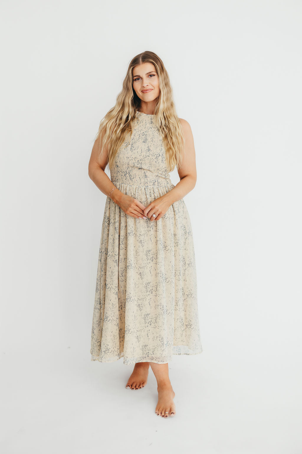 Alaina Floral Print Smocked Midi Dress - Blue Multi Color Summer Dress for Women | Perfect for Beach Vacations, Garden Parties & Casual Outings