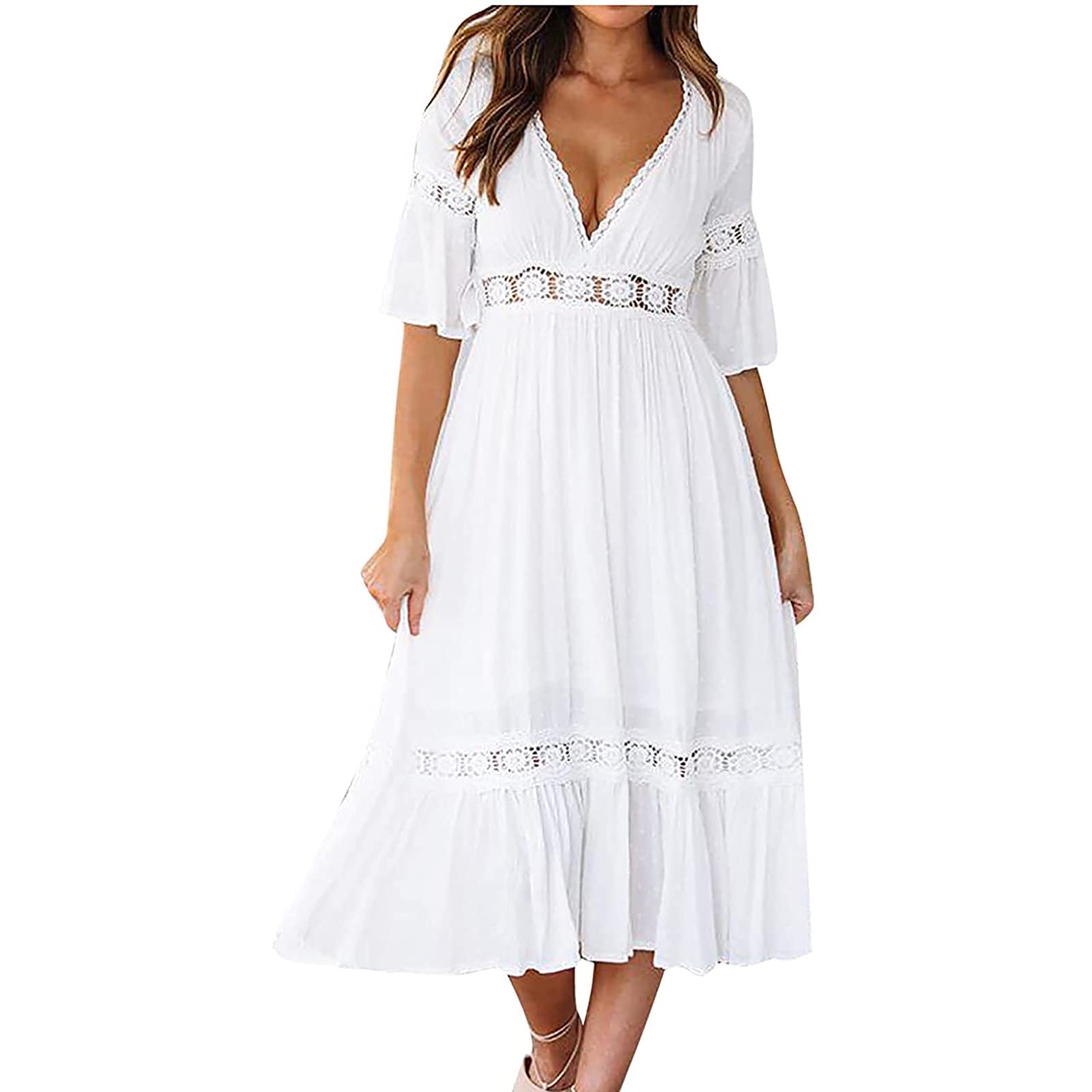 JUEBO Women's Summer White Hollow Out Maxi Dress - Sleeveless Long Wedding Guest Dress for Beach, Party & Special Occasions