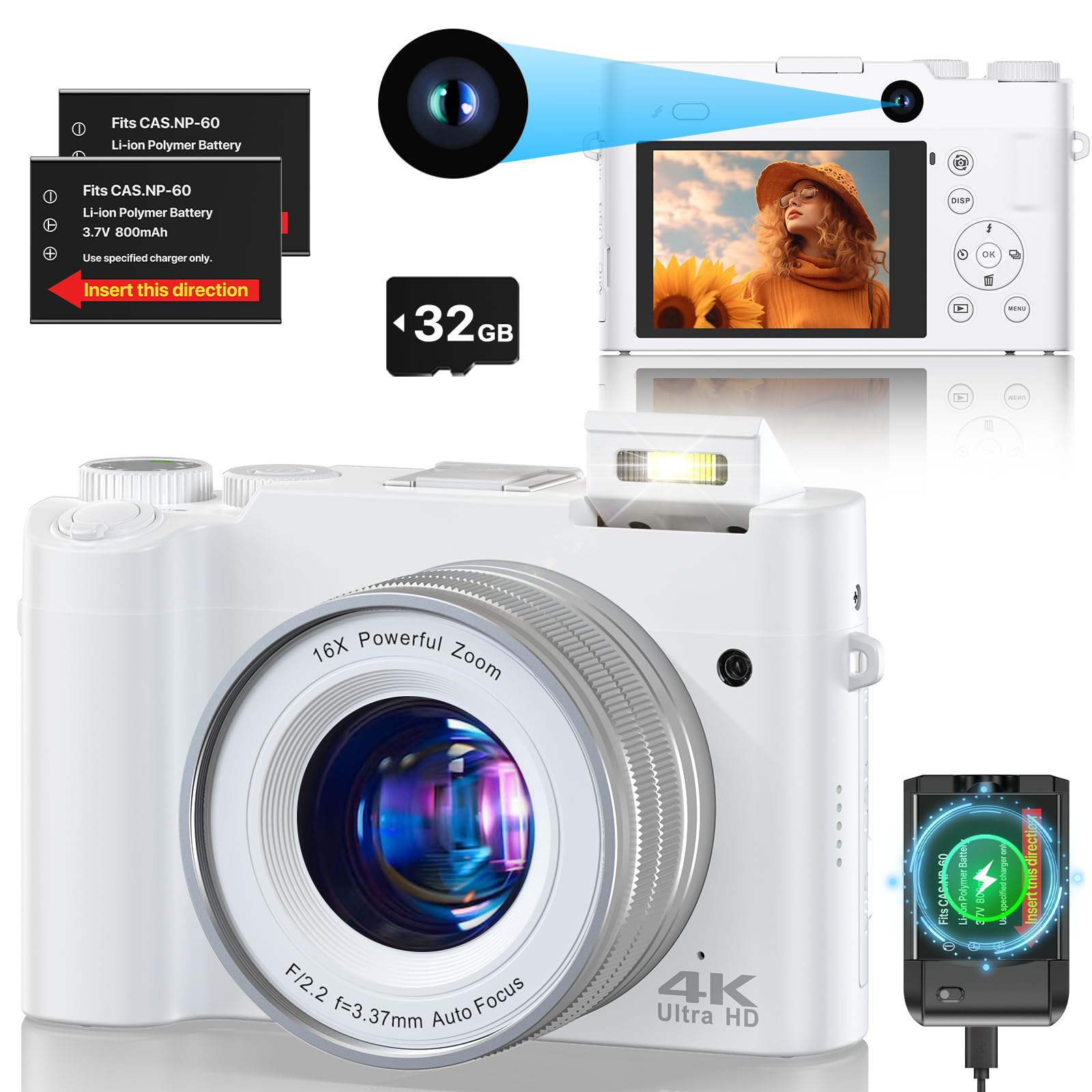 4K Digital Camera with 64MP Dual Lens - Autofocus Anti-Shake Vlogging Camera for YouTube, 16X Zoom Travel Camera with 32GB SD Card, Flash & 2 Batteries | Perfect for Travel Photography, YouTube Vlogging & Everyday Shooting